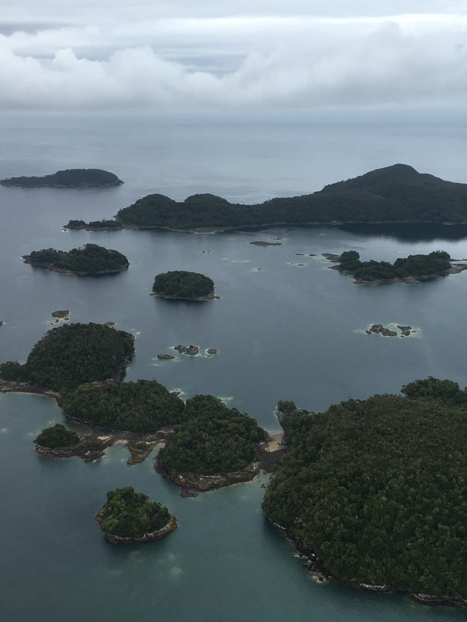 Aerial view of the forested coastal islands surrounding Fundo Tic Toc in Chile’s Corcovado region.
