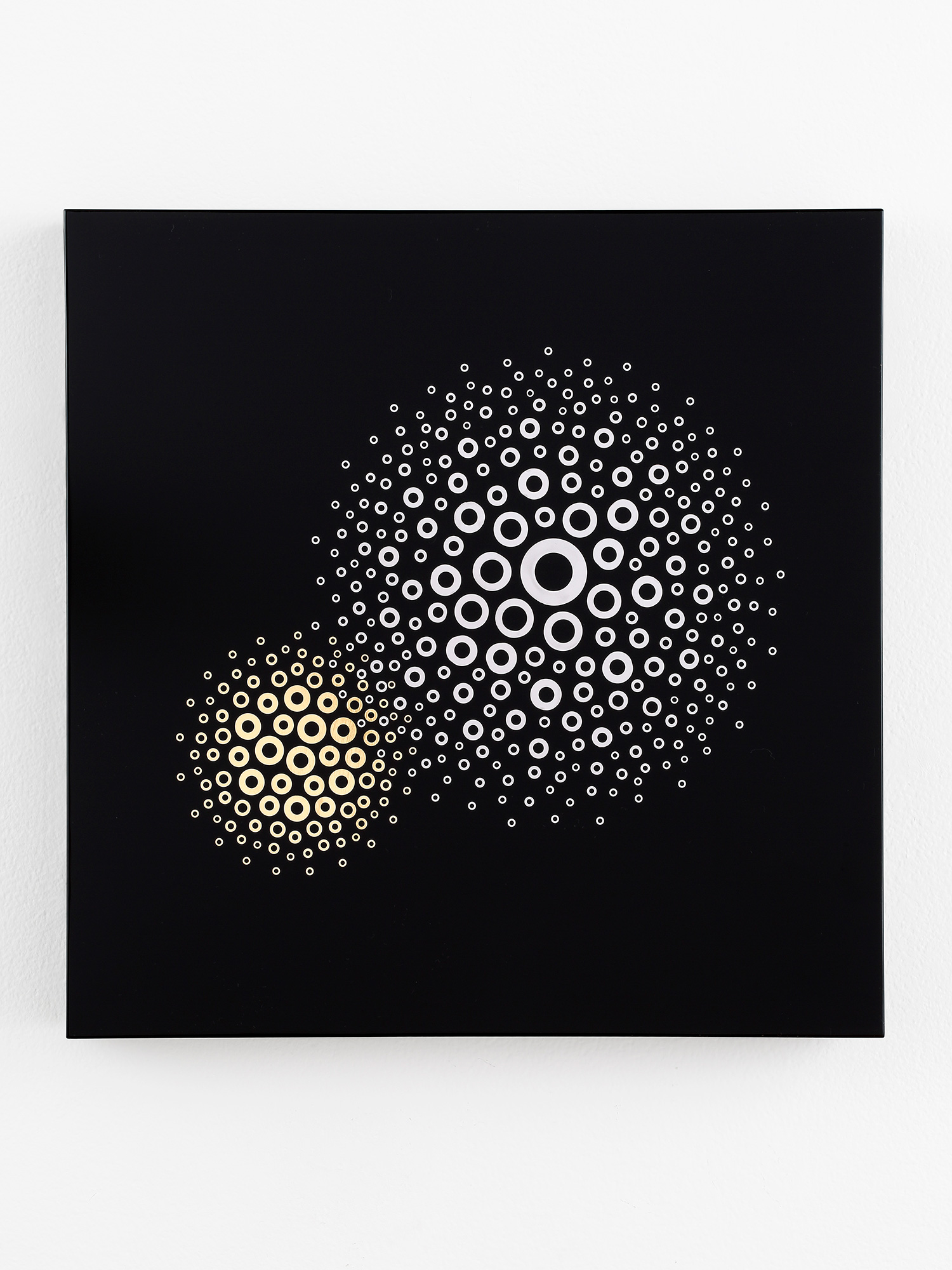 Square lacquer mixed-media artwork using urushi and metal washers on plywood, featuring two clustered...