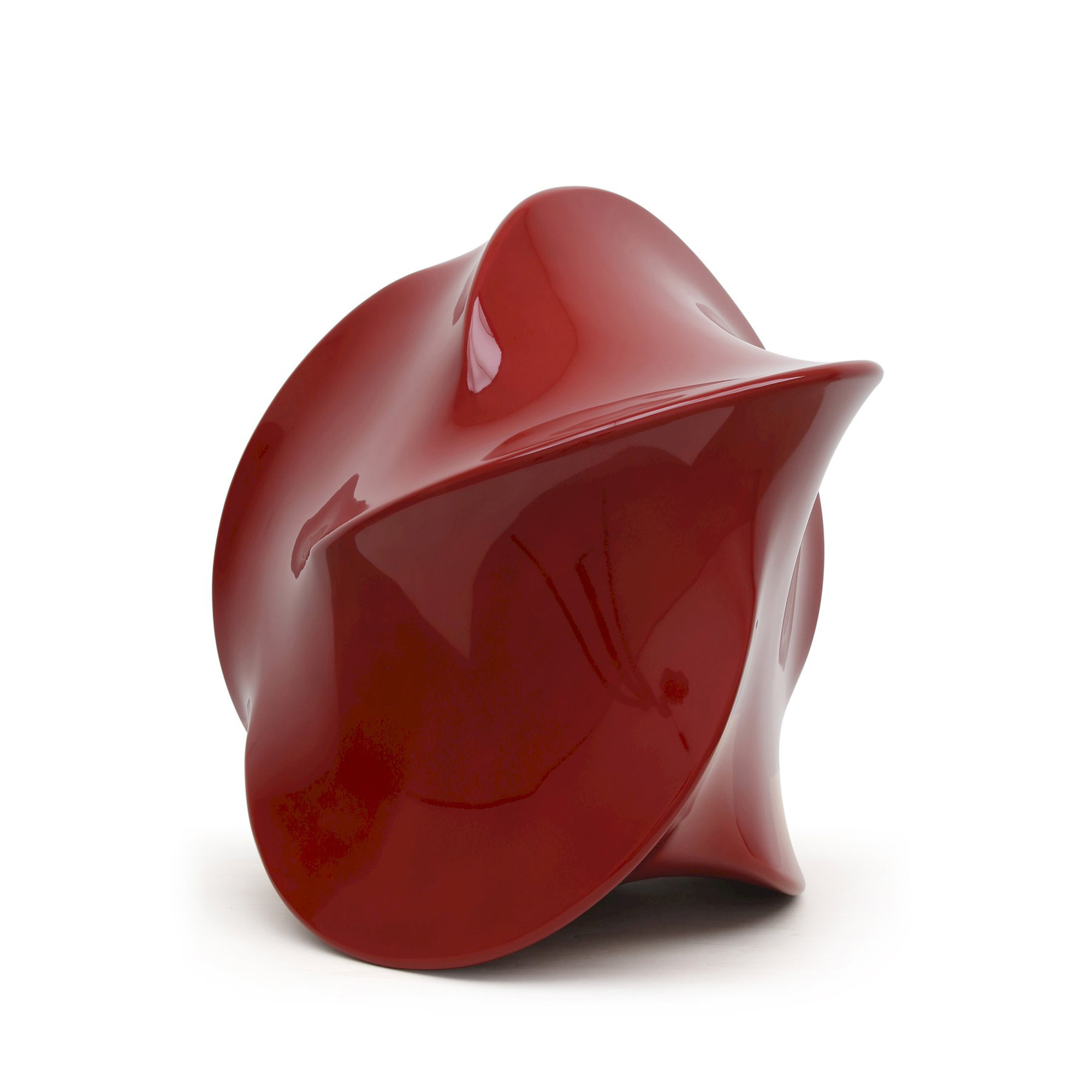 Deep red urushi lacquer sculpture by Genta Ishizuka with a smooth, flowing, asymmetrical form,...