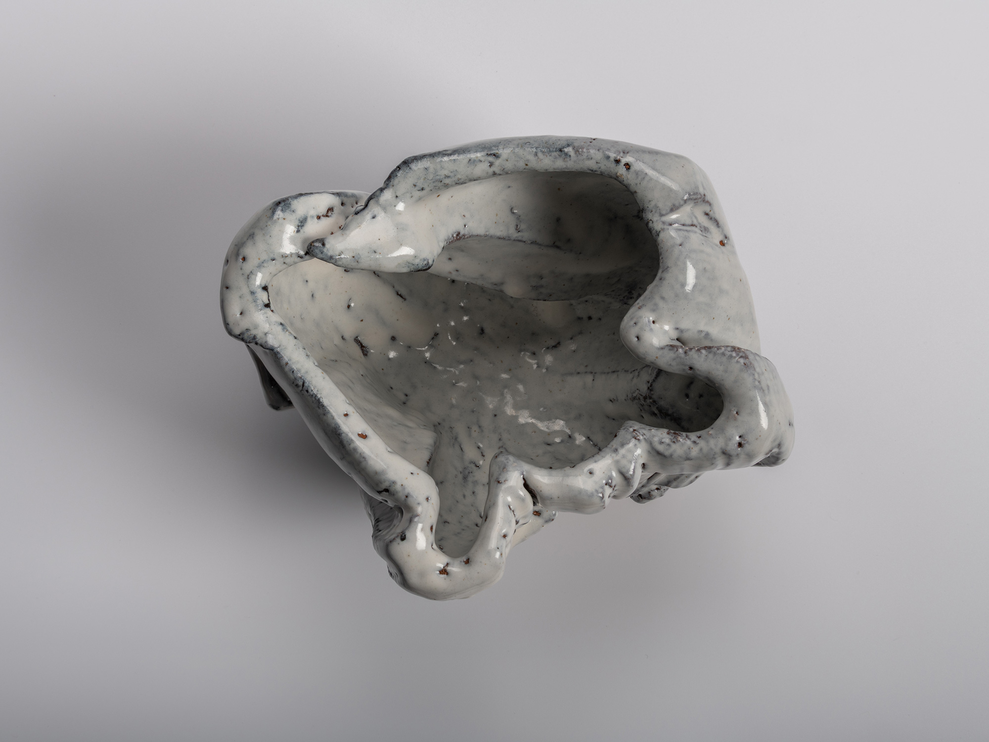Interior (mikomi) of Miwa Kyusetsu III’s El Capitan tea bowl, showing its deeply sculpted form...