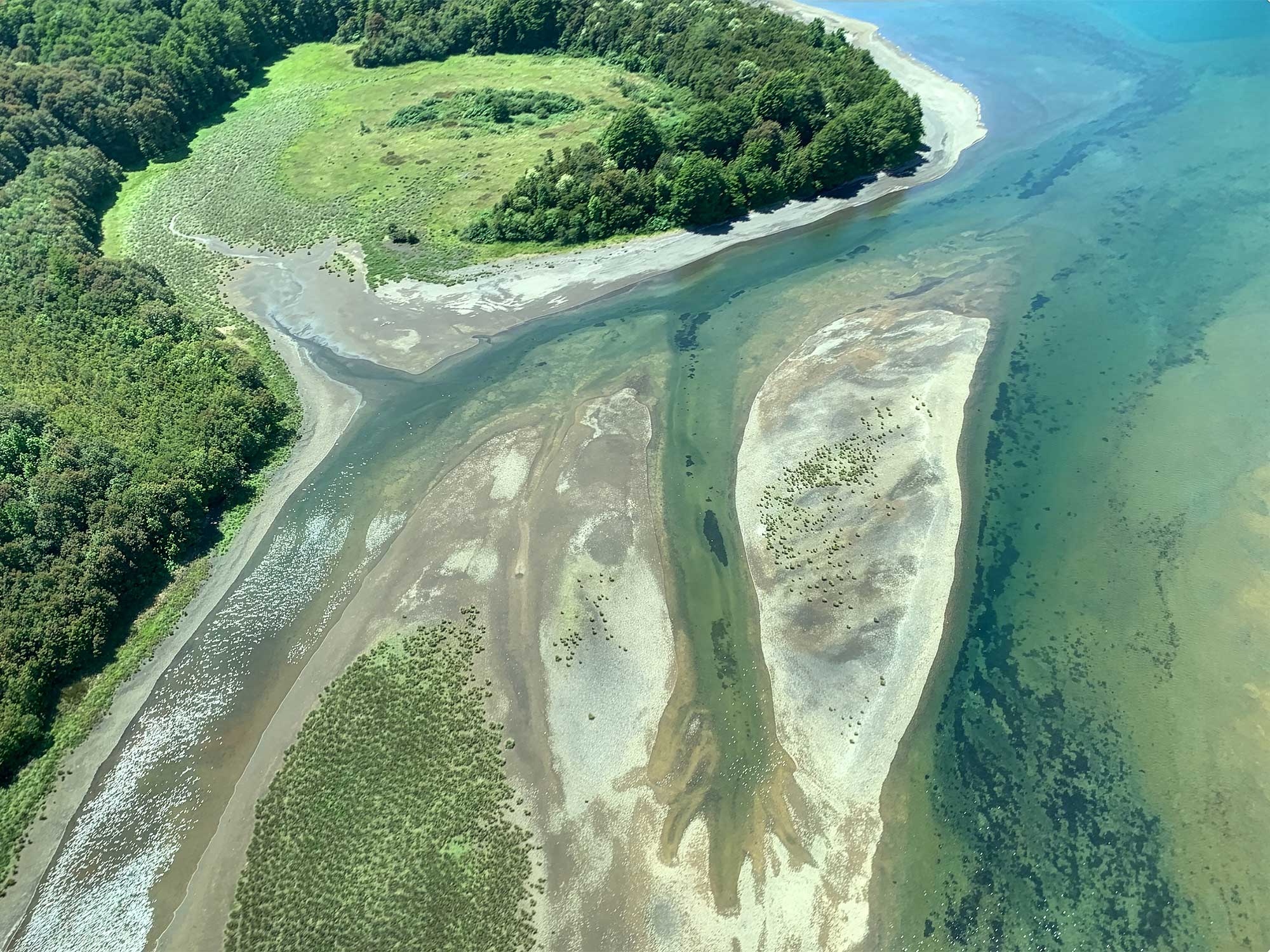 Aerial photograph of tidal channels, sandbars, and native coastal vegetation at Fundo Tic Toc in...