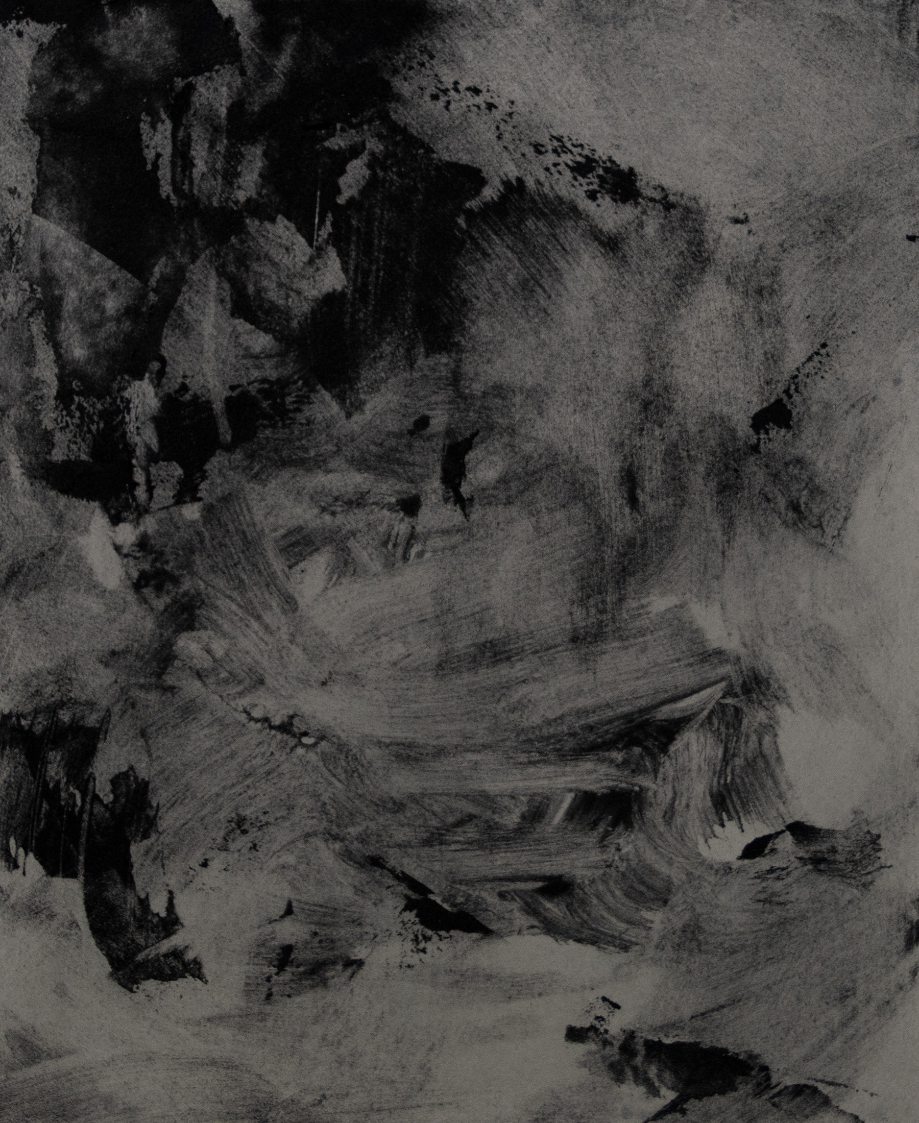 Abstract sumi ink painting by Naoto Sunohara titled Retrograde, featuring layered black and gray...
