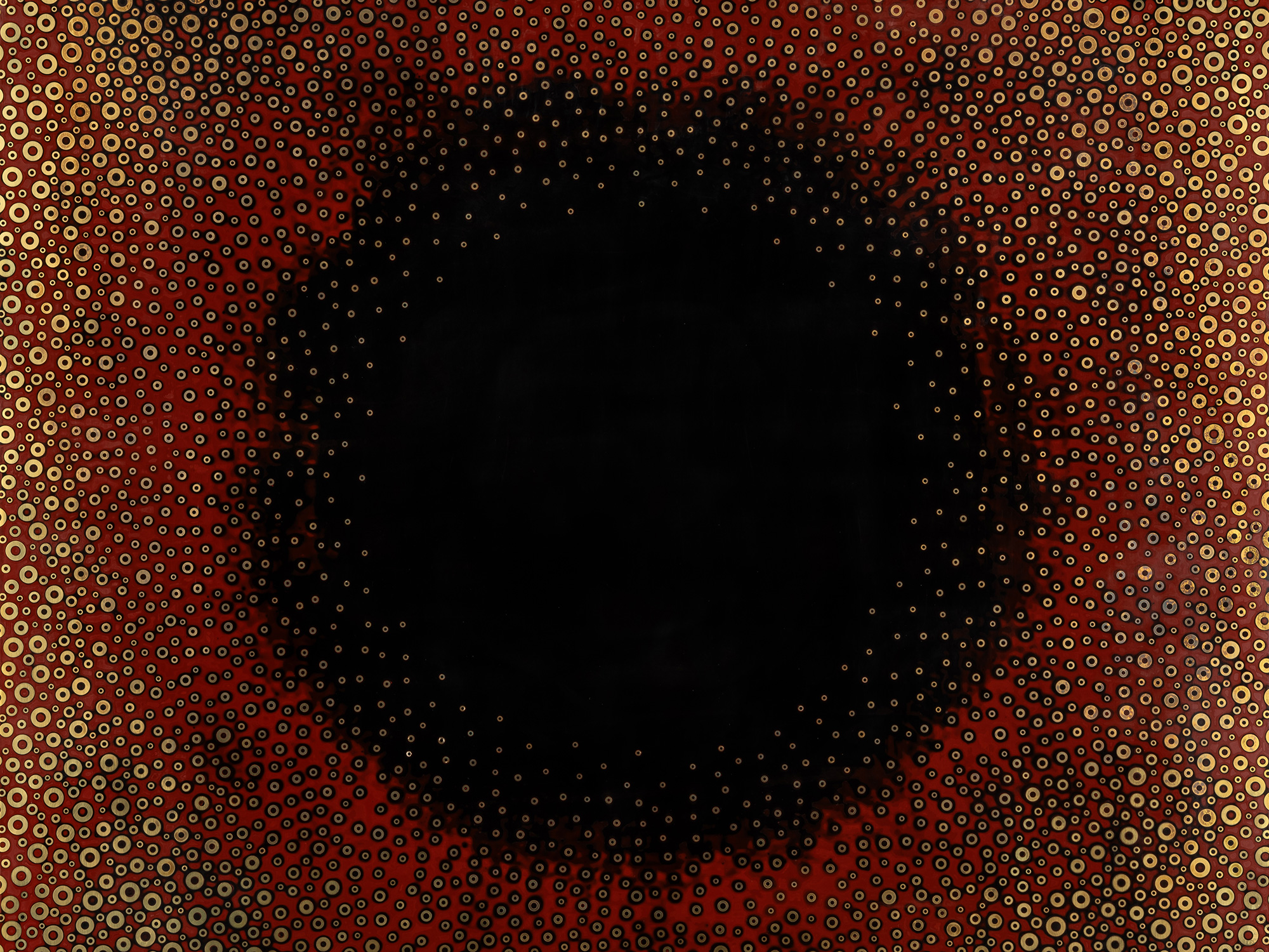 Dark Light by Genta Ishizuka, mixed-media wall work using urushi lacquer and embedded metal washers...