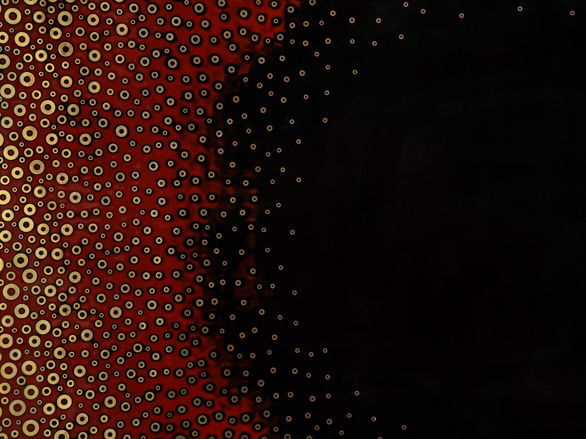 Detail of Dark Light by Genta Ishizuka showing dense fields of gold- and black-toned metal washers...