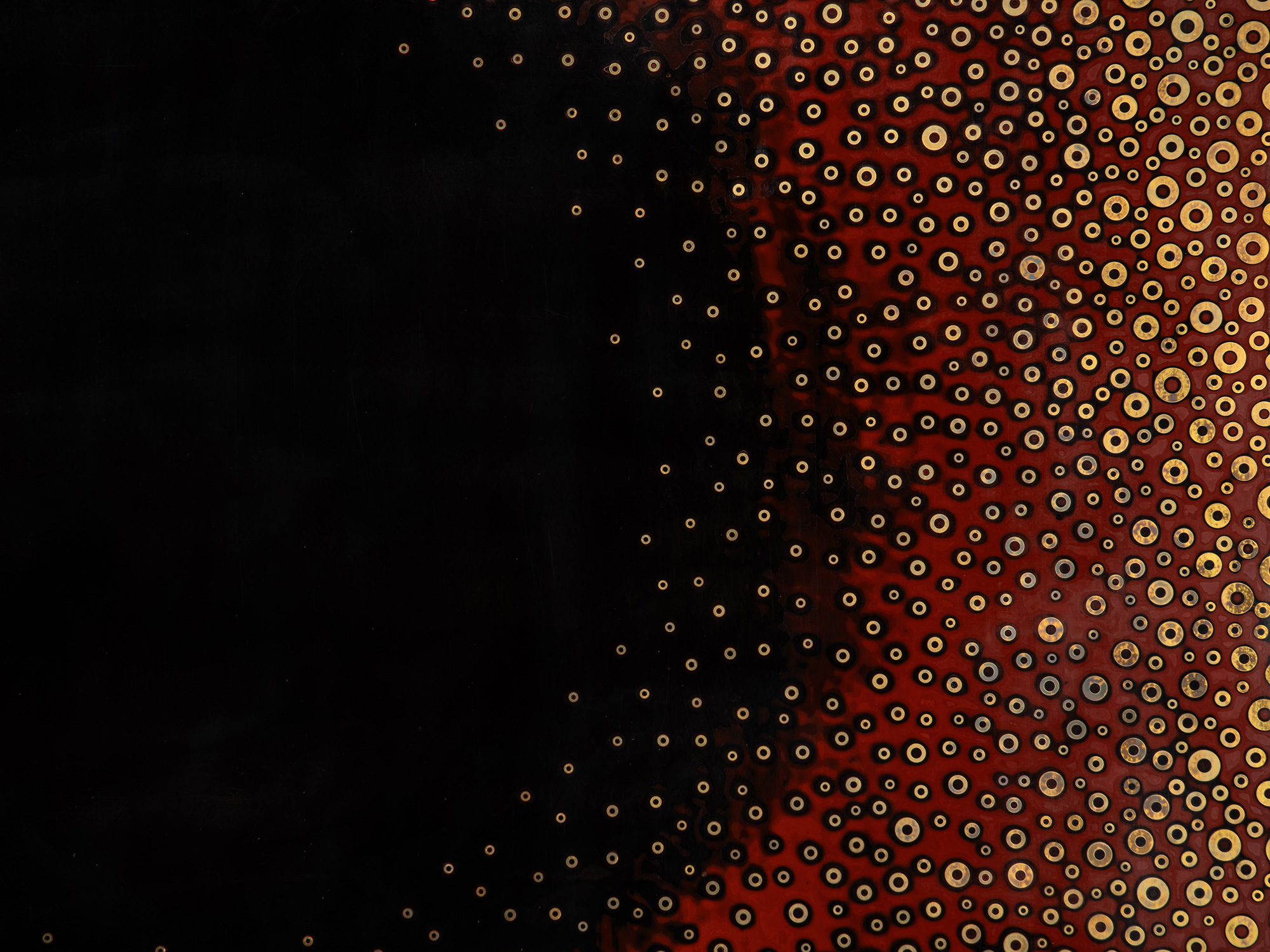 Detail of Dark Light by Genta Ishizuka showing dense fields of gold- and black-toned metal washers...