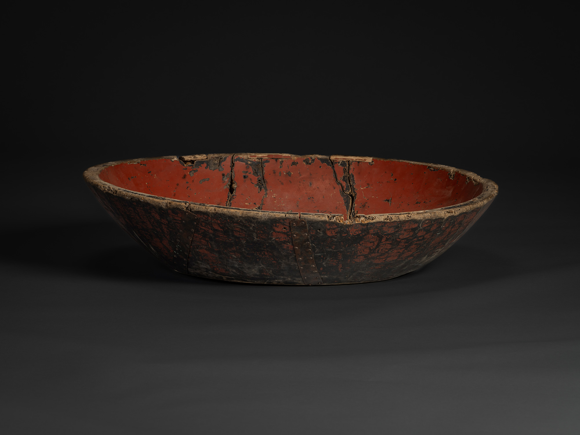 Early 20th century Japanese kneading bowl, hand-carved wood reinforced with metal rivets and lined...