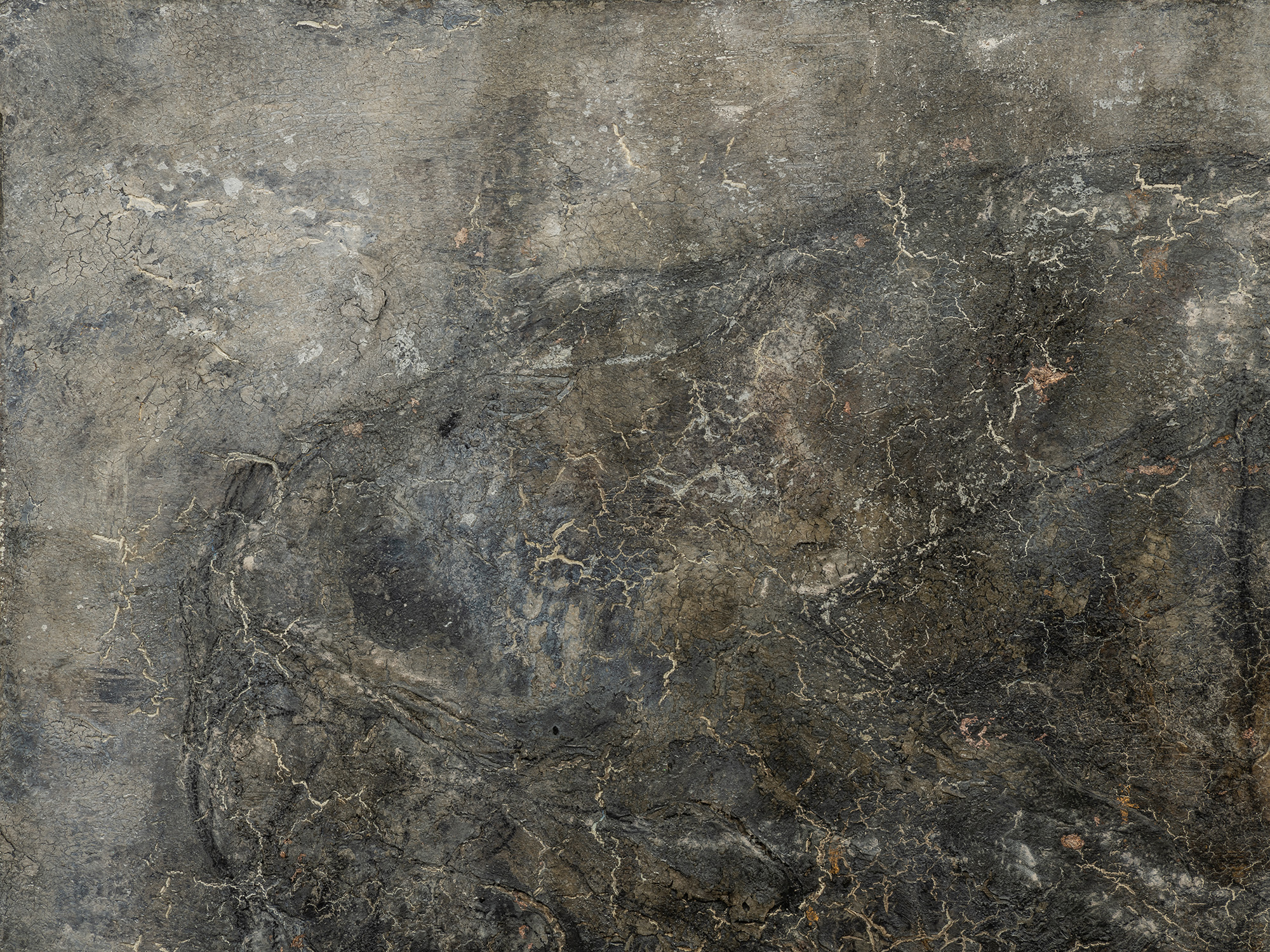 Detail of abstract painting by Hà Mạnh Thắng featuring a dark, stone-like surface with layered...