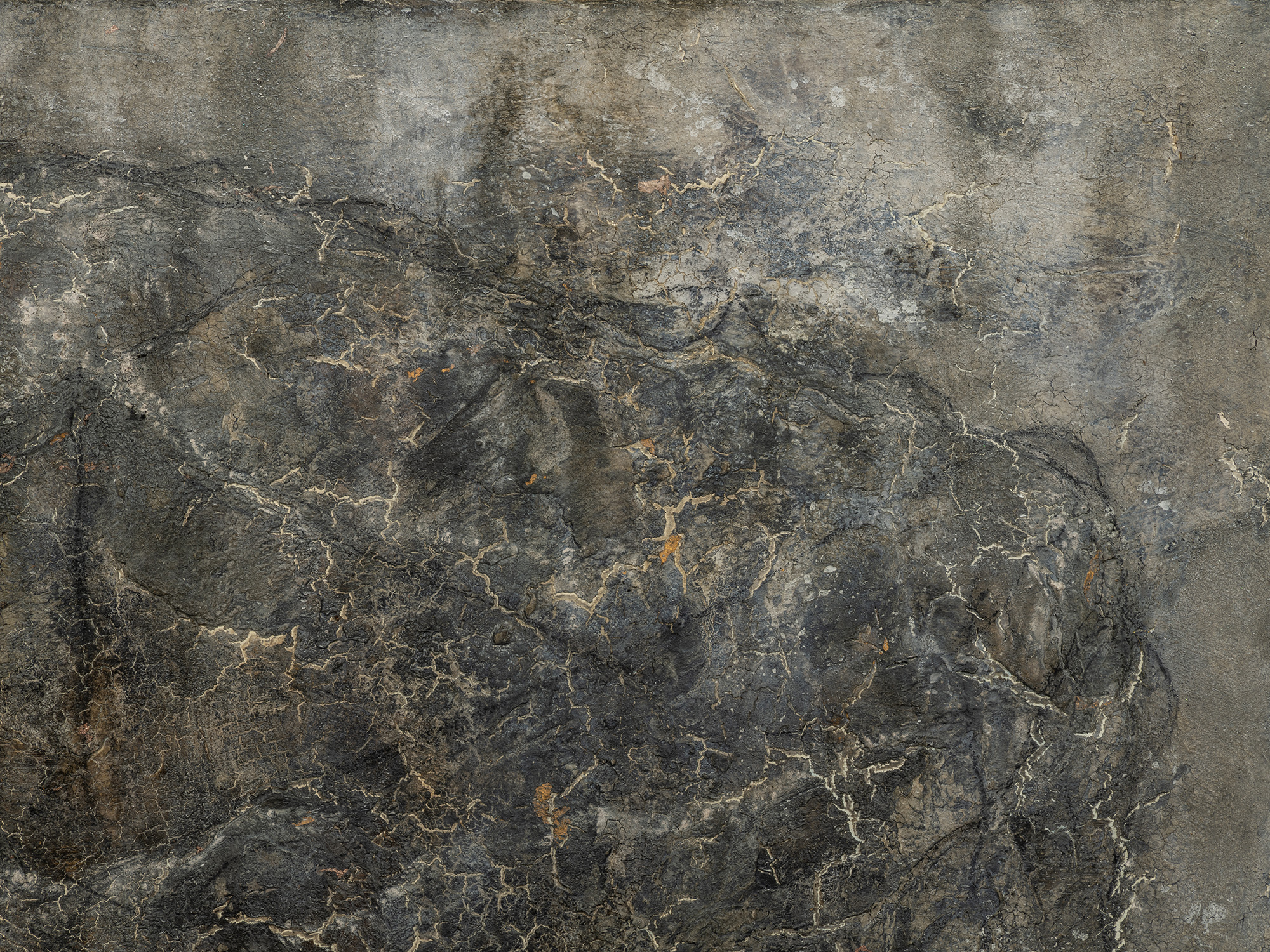Detail of abstract painting by Hà Mạnh Thắng featuring a dark, stone-like surface with layered...