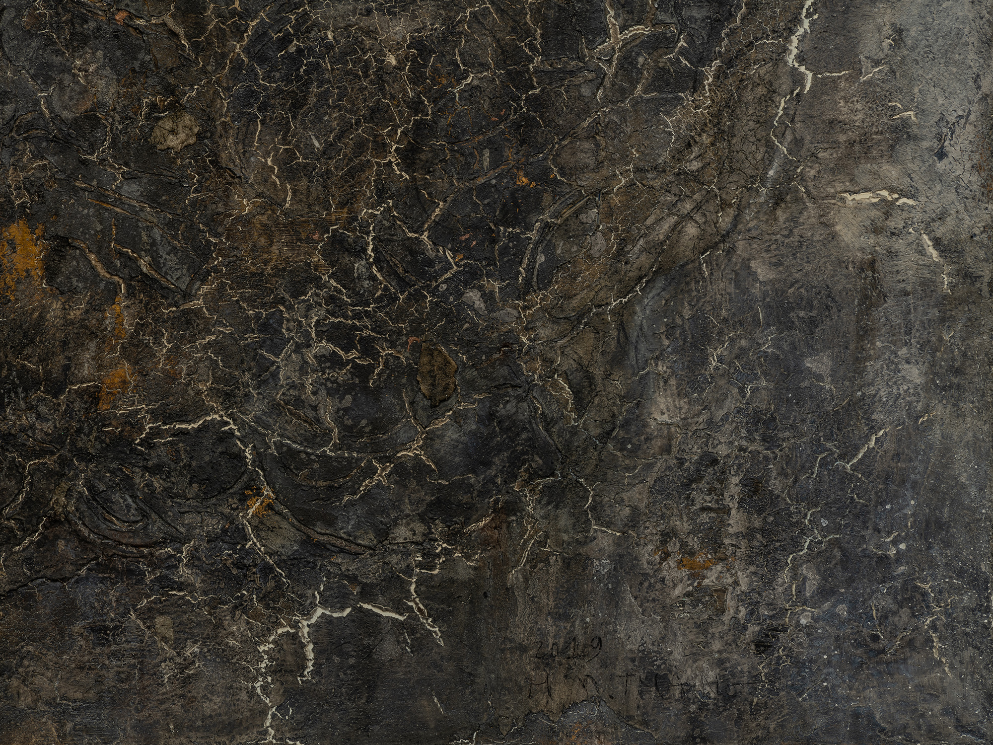 Detail of abstract painting by Hà Mạnh Thắng featuring a dark, stone-like surface with layered...