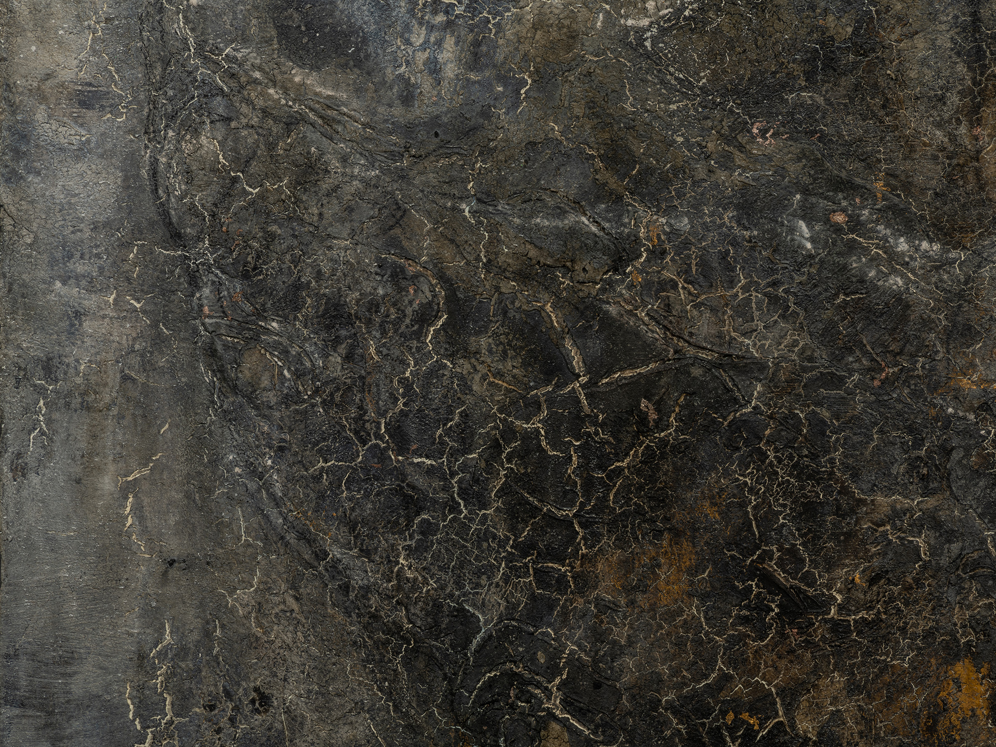 Detail of abstract painting by Hà Mạnh Thắng featuring a dark, stone-like surface with layered...