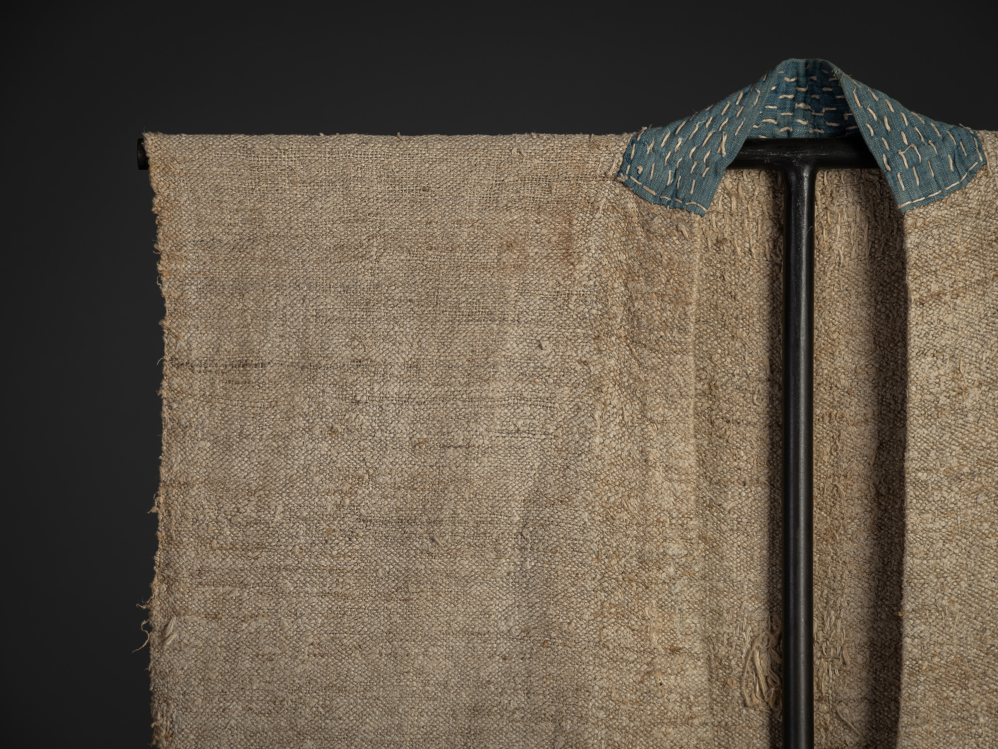 Detail of right front shoulder of late 19th-century okusozakkuri garment made of hemp and cotton,...