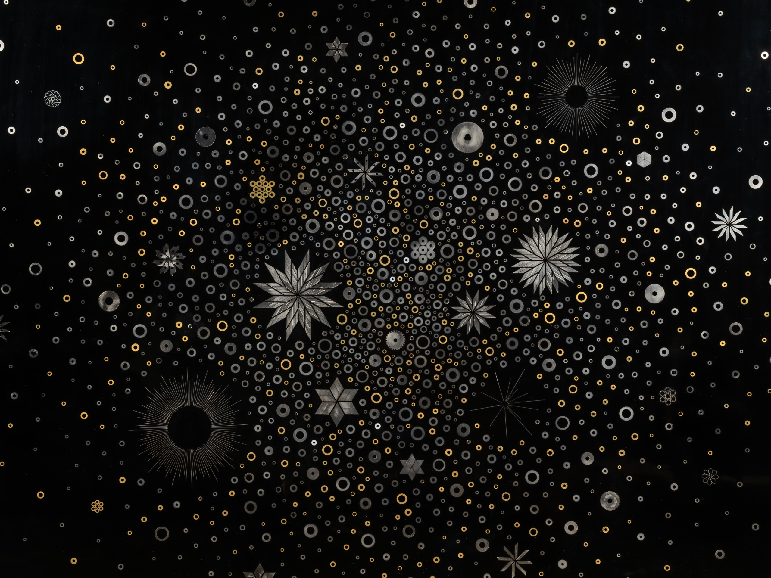 Stellar Dance by Genta Ishizuka, mixed-media wall relief using washers, cutter blades, needles,...