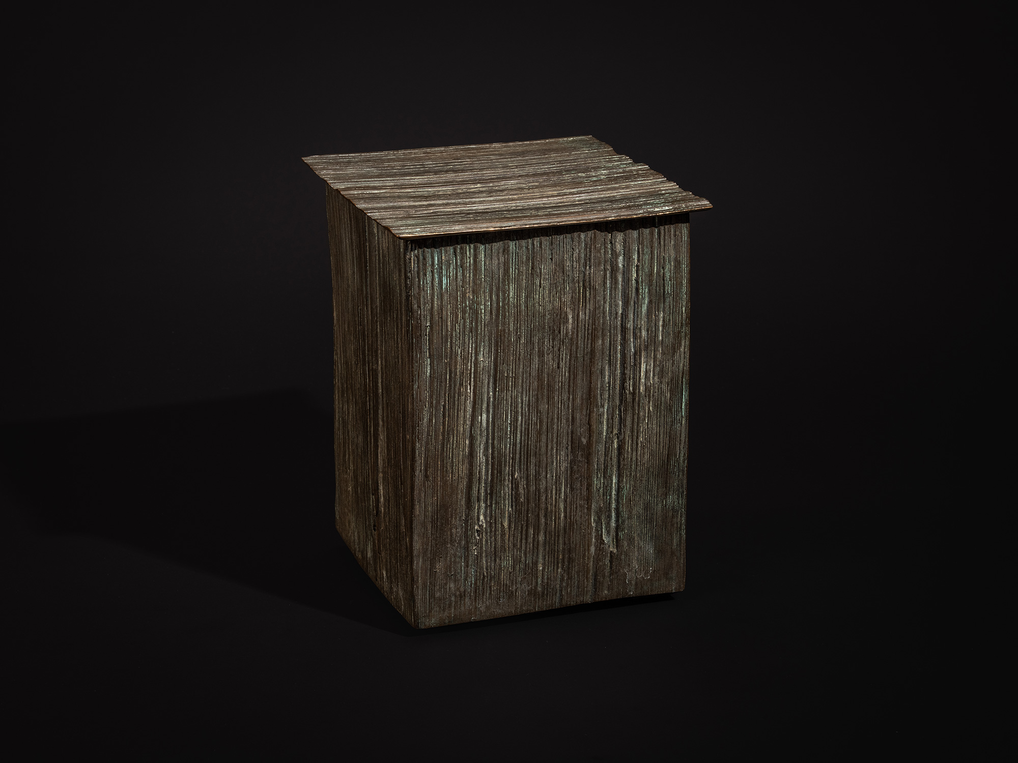 Rectilinear bronze sculpture titled Green Expression by Koji Hatakeyama, featuring a tall, box-like...