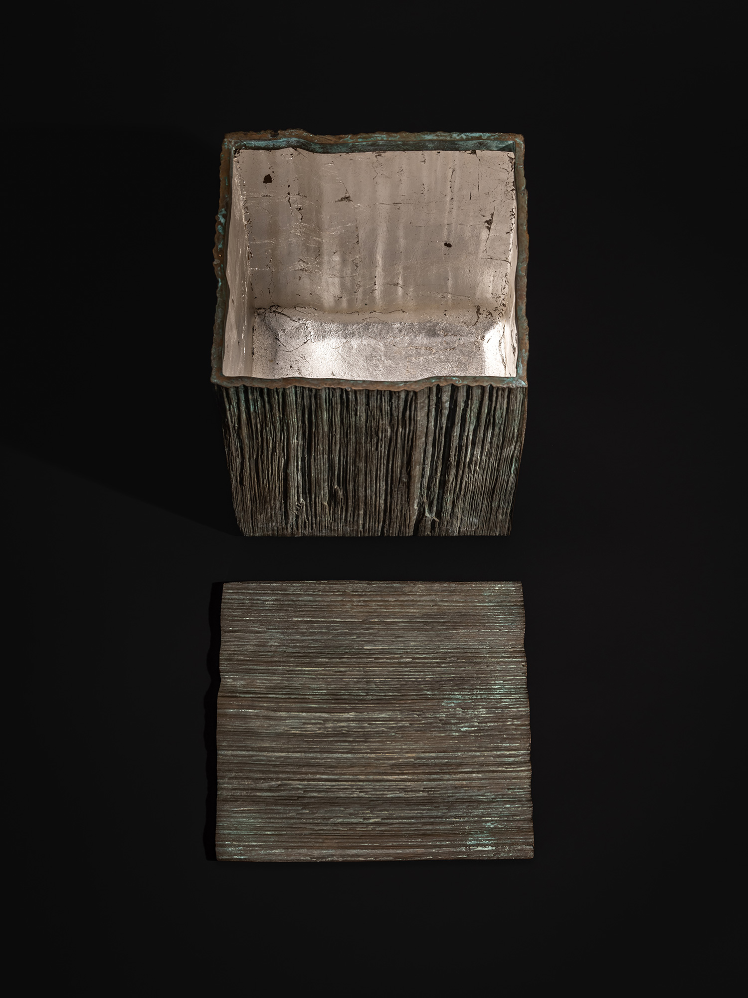 Photograph showing the bronze box and detached lid from Green Expression by Koji Hatakeyama against...