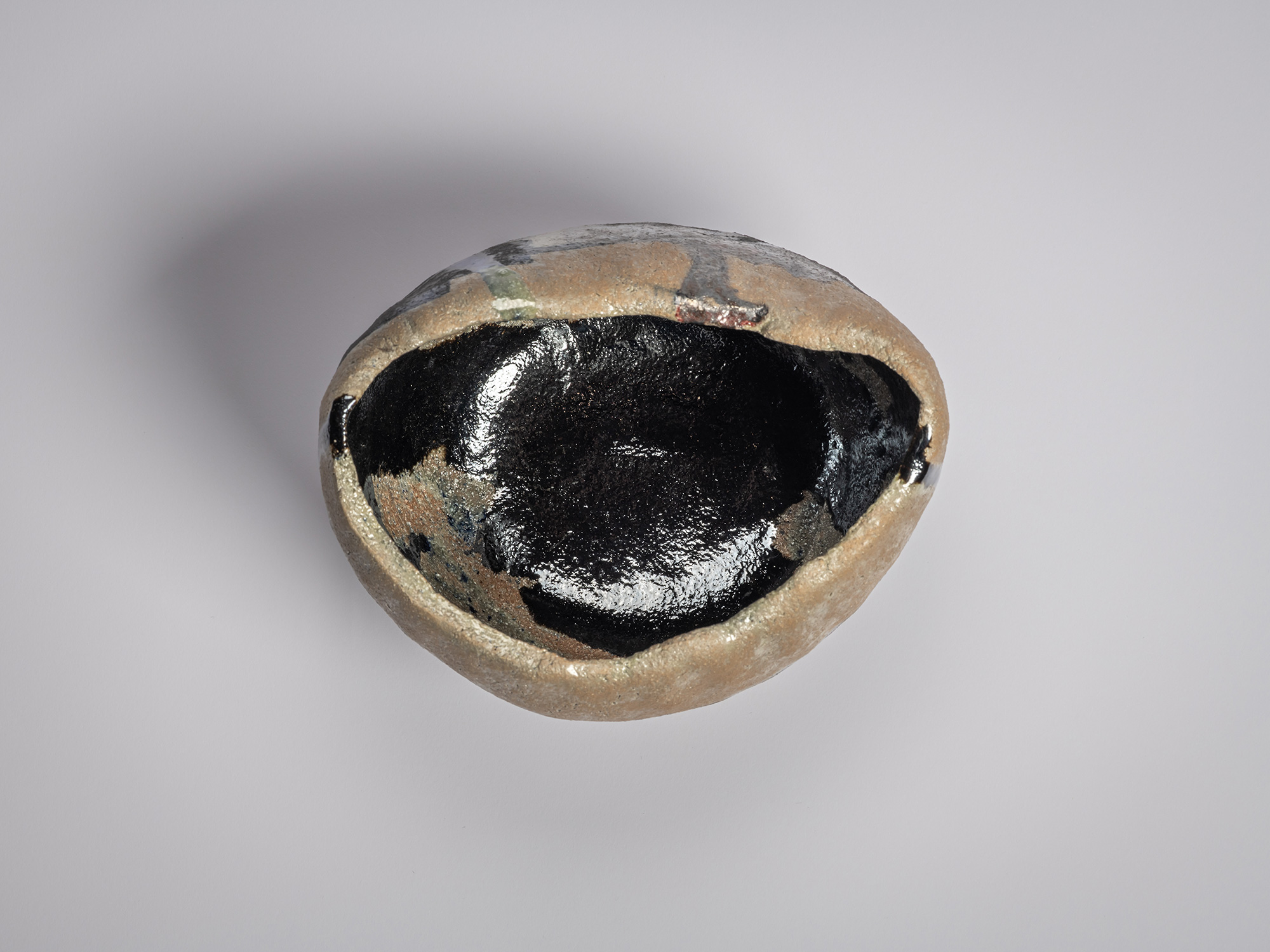 Interior view of Raku XV tea bowl Hekikai Mugen (“Infinite Profound Blue”) featuring a deep, glossy...