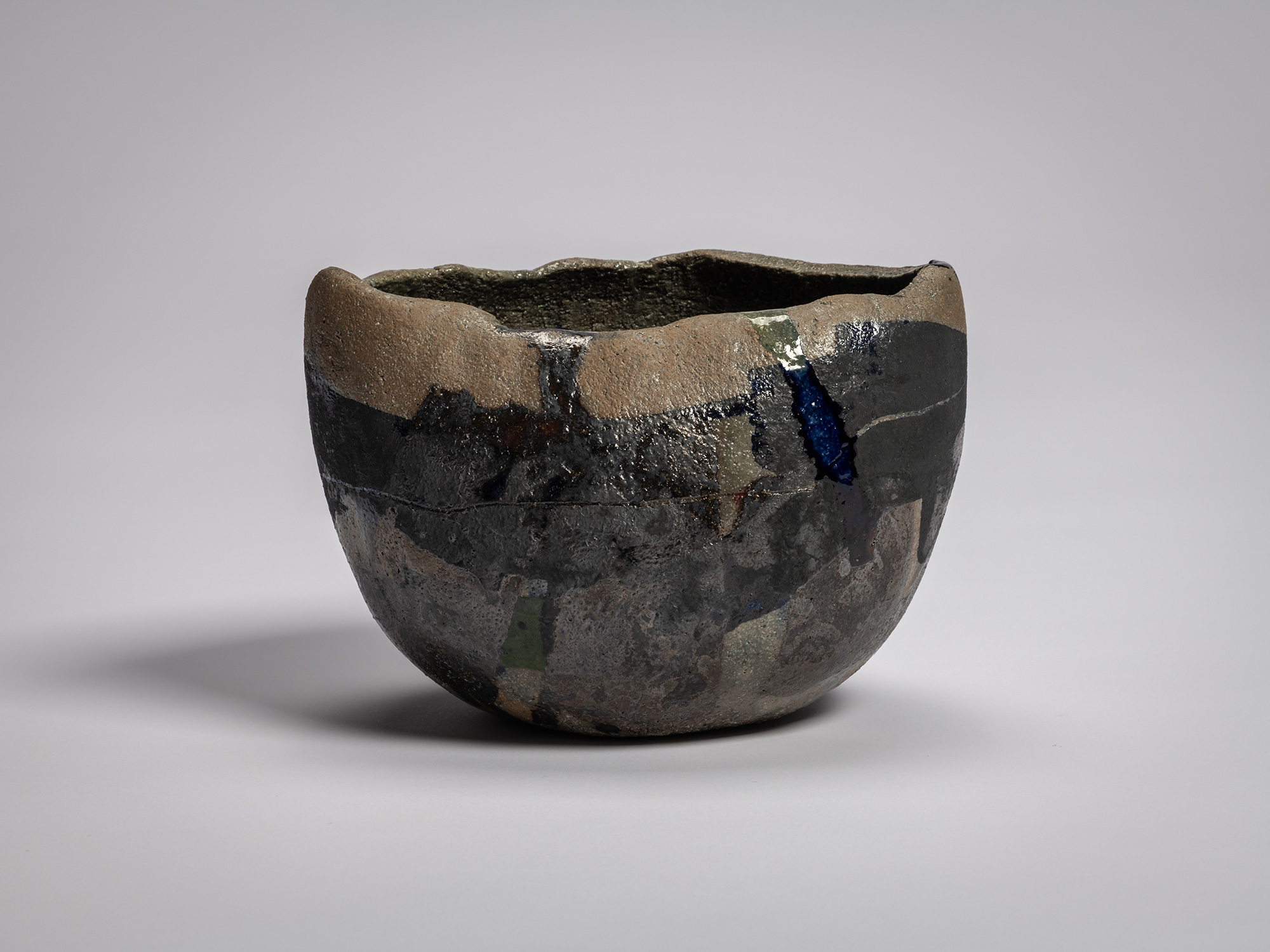 Raku XV tea bowl Hekikai Mugen (“Infinite Profound Blue”) with an irregular, hand-formed silhouette,...