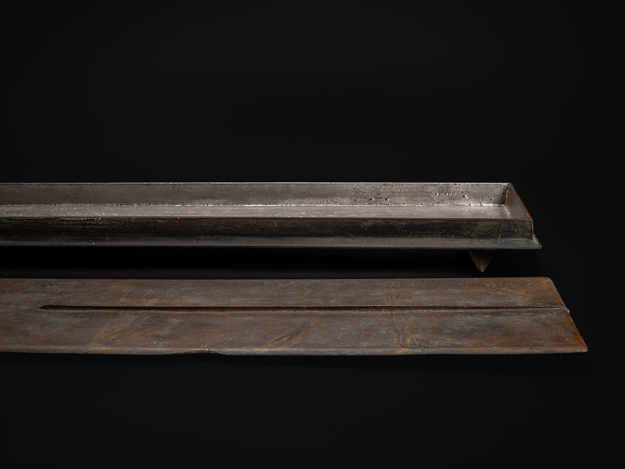 Detail of Rectangular bronze box by Koji Hatakeyama, shown open with the lid removed, revealing...