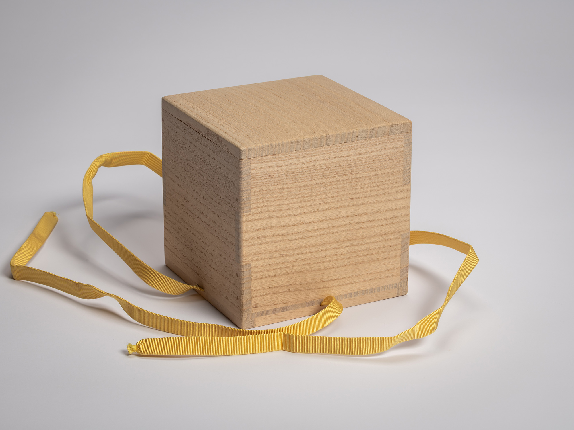 Wooden artist box containing a red tea bowl by Raku XVI, shown from the back with the yellow tying...