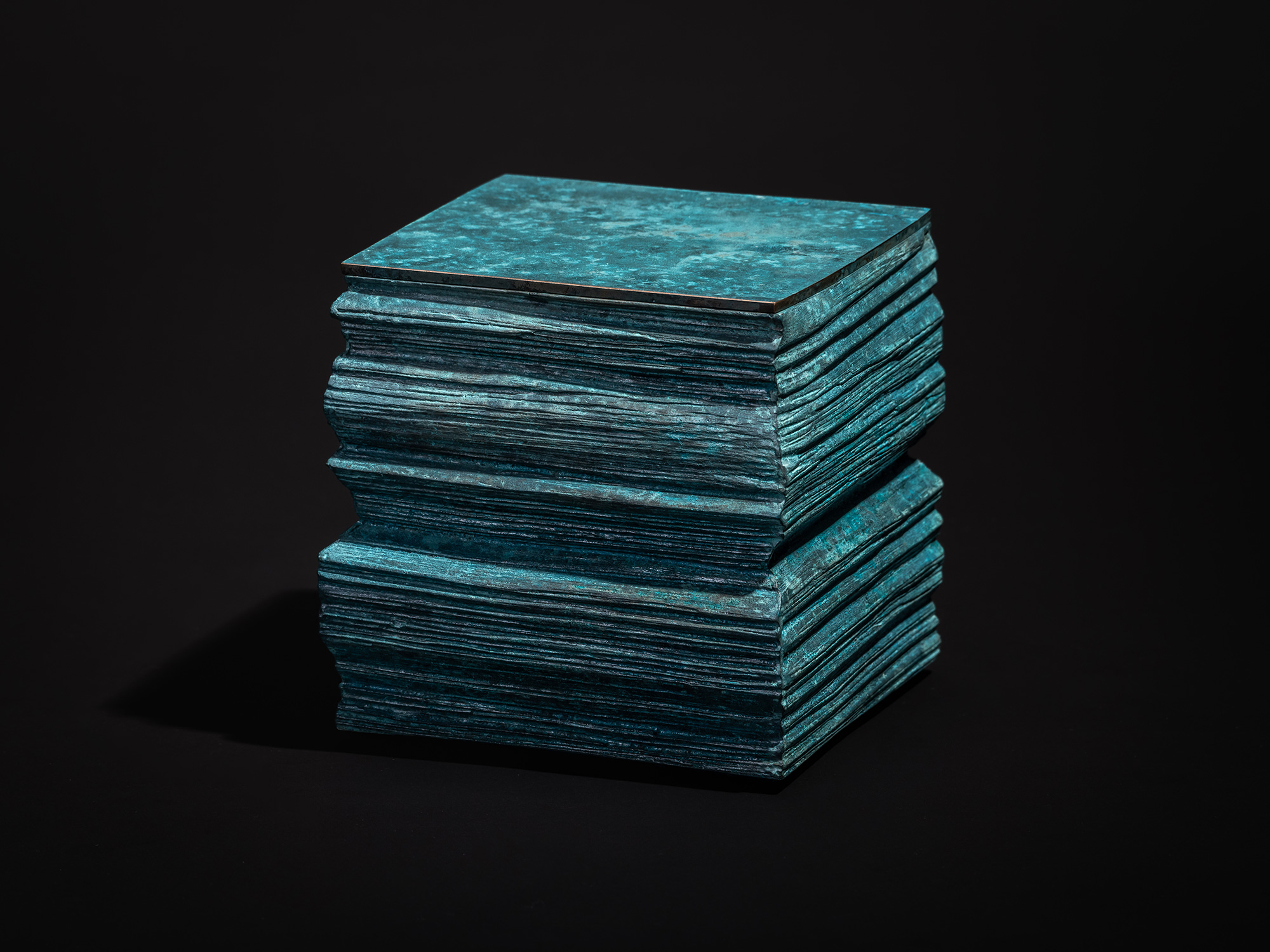 Square bronze sculpture titled Square Strips by Koji Hatakeyama, composed of stacked horizontal...