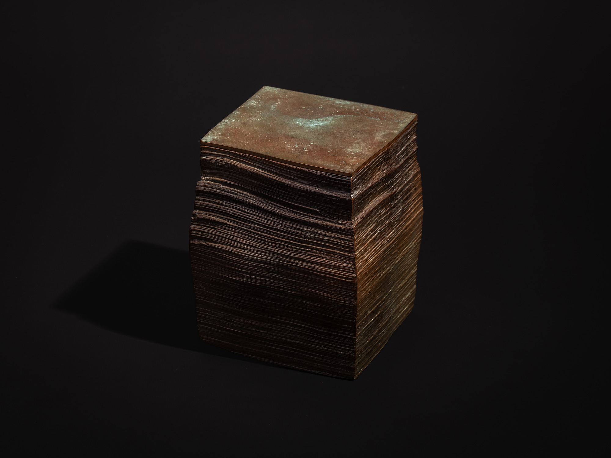 Square Strips by Koji Hatakeyama, a sculptural bronze box with a square form, layered striated...