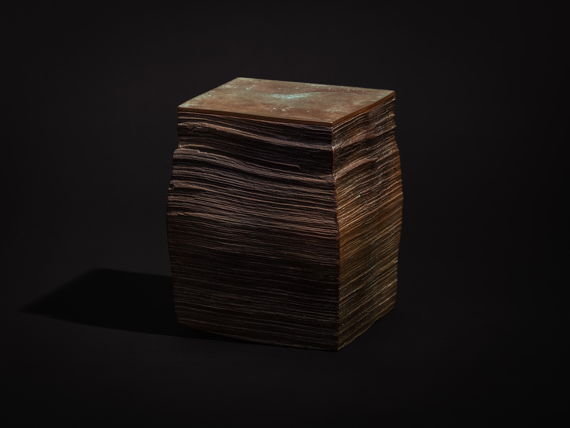 Square Strips by Koji Hatakeyama, a sculptural bronze box with a square form, layered striated...