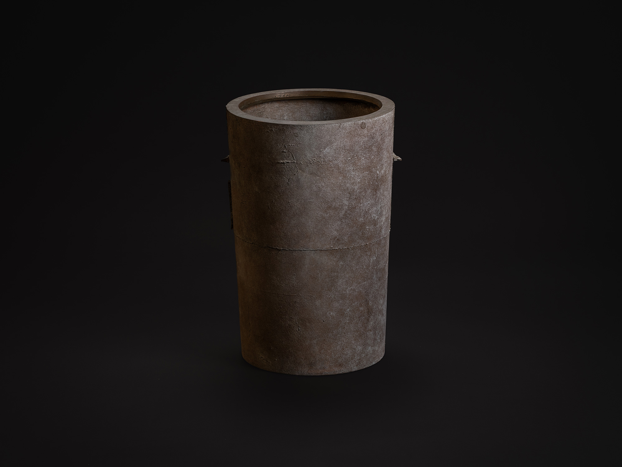 Back view of Vessel with an Axis by Koji Hatakeyama, showing a tall cylindrical bronze form with...