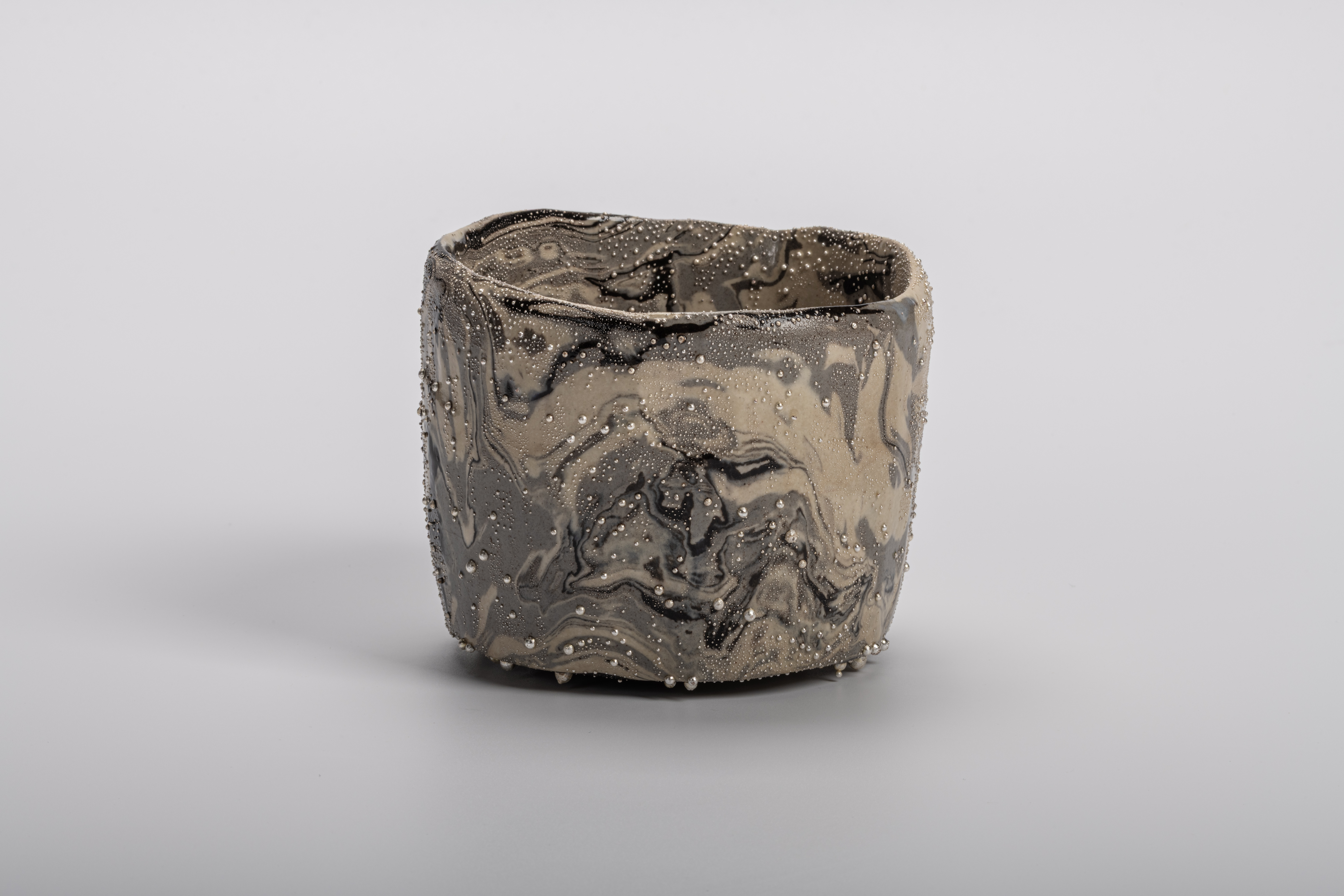 Takahiro Kondo “Wave Bowl: Tsunami” tea bowl with undulating rim, marbled black and gray glaze,...