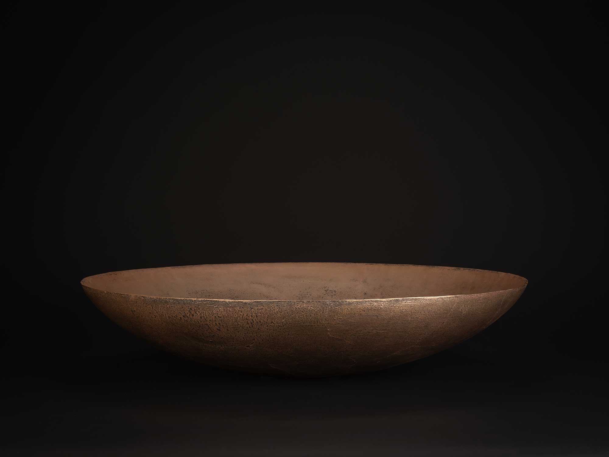 Bronze No. 21 by Hatakeyama, a low, wide bronze vessel with a gently flaring rim and shallow profile,...