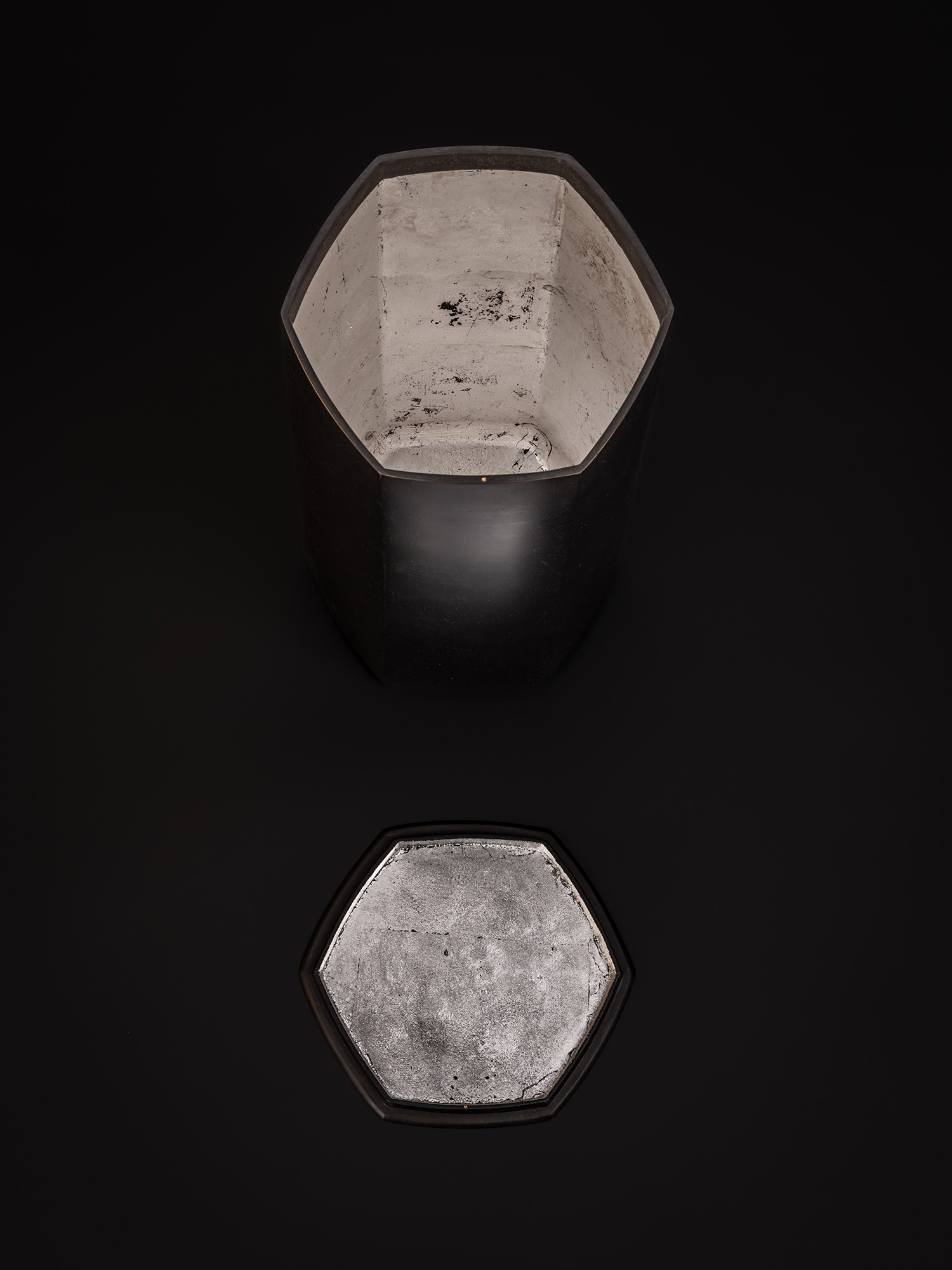 Koji Hatakeyama, Six Faces, 2024. A faceted bronze vessel with six flat sides forming a hexagonal...