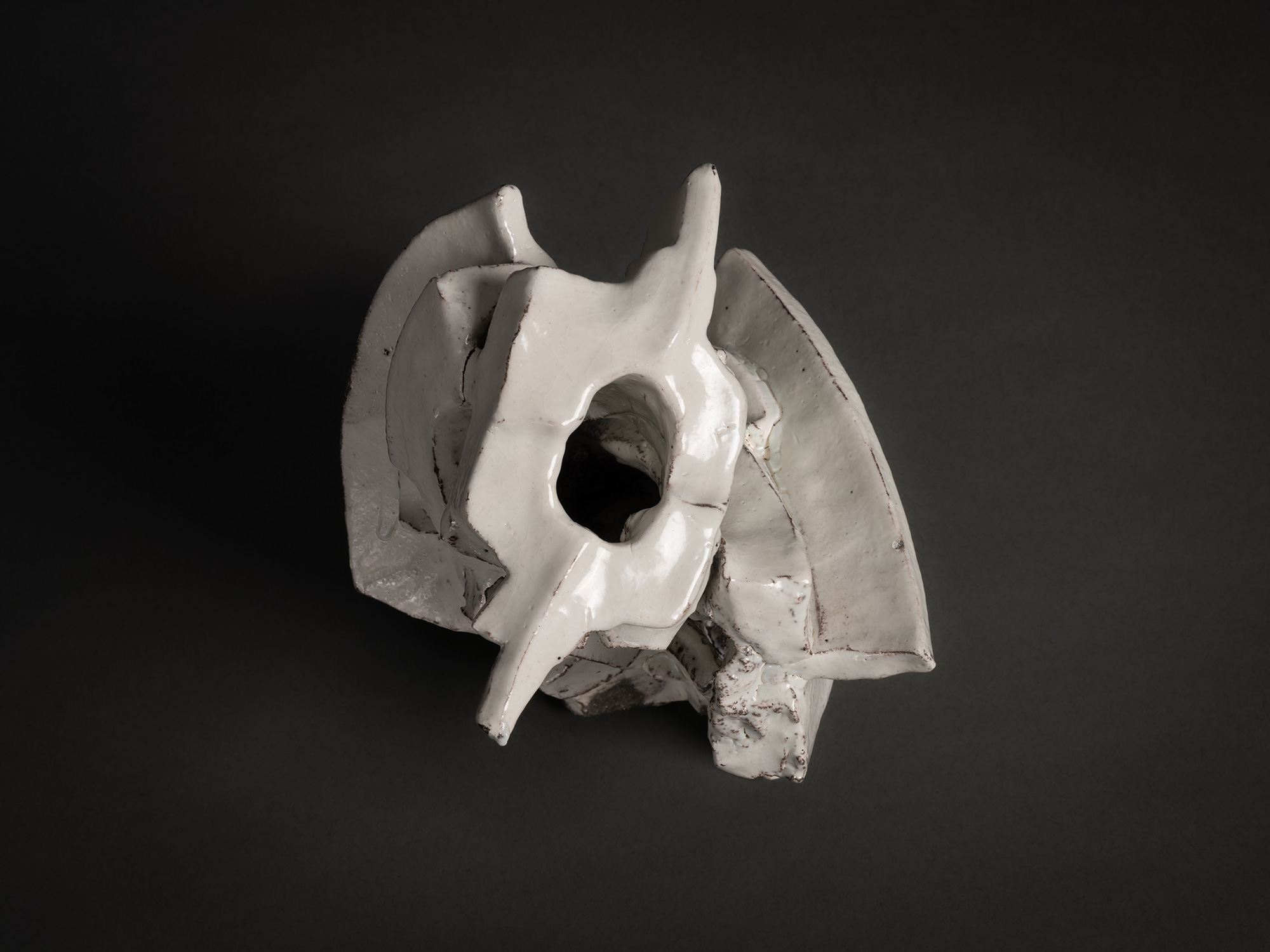 An overhead, top-down view of the ceramic sculpture Kohiki Sculptural Form by Shozo Michikawa....