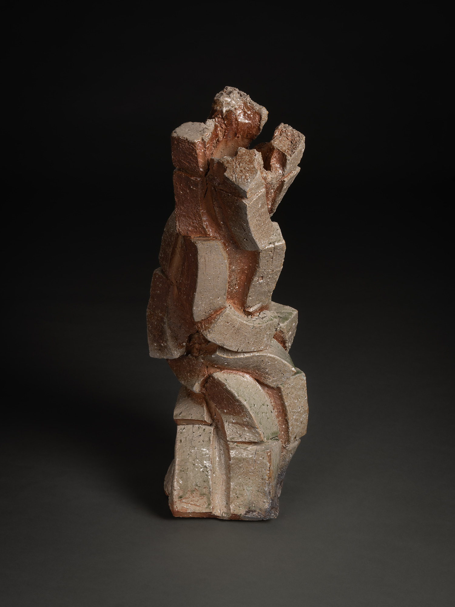 Natural ash sculptural form by Shōzō Michikawa, an upright, twisting ceramic structure composed...