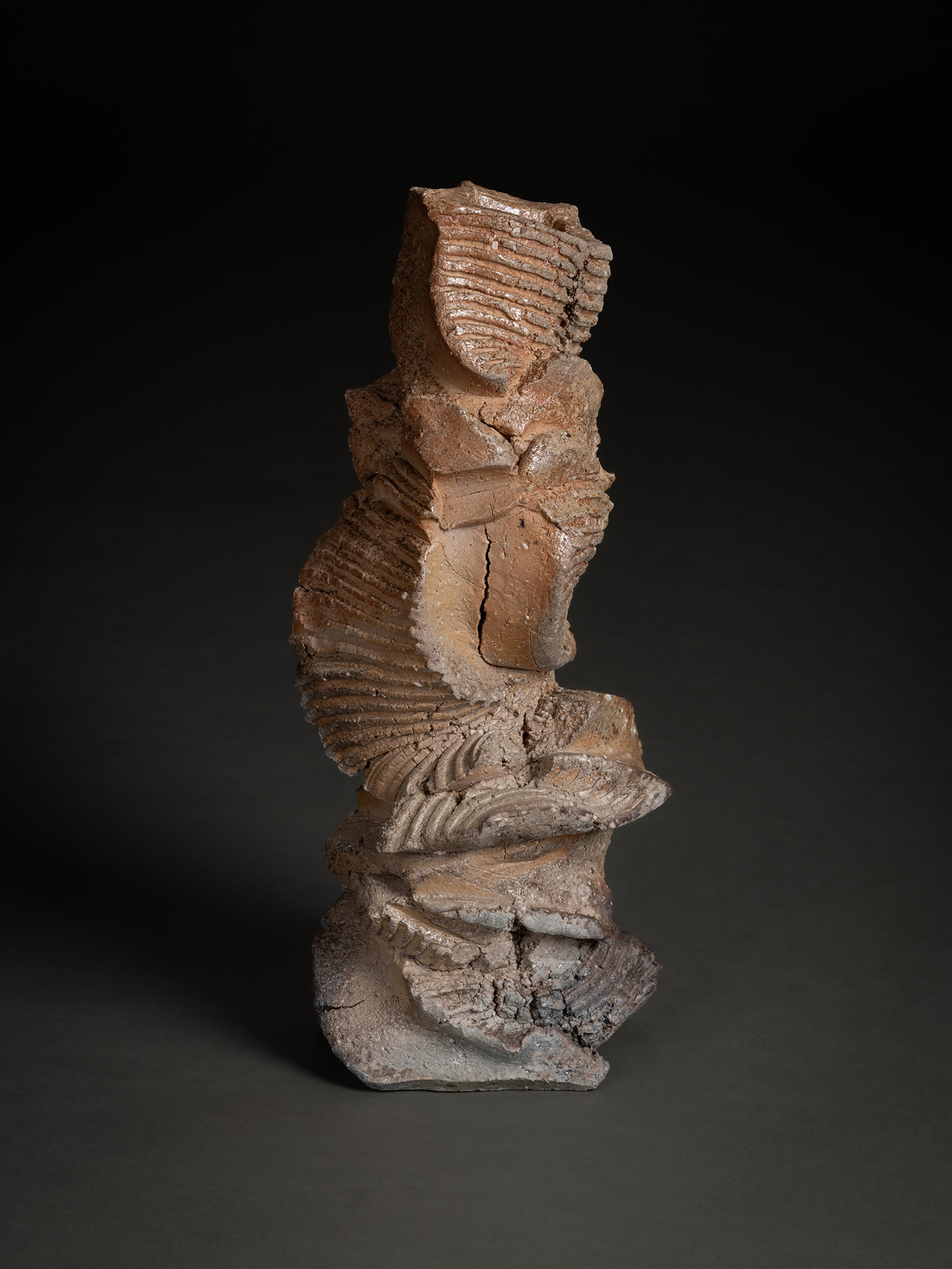 Natural ash sculptural form by Shōzō Michikawa, a vertically oriented ceramic with a twisting,...