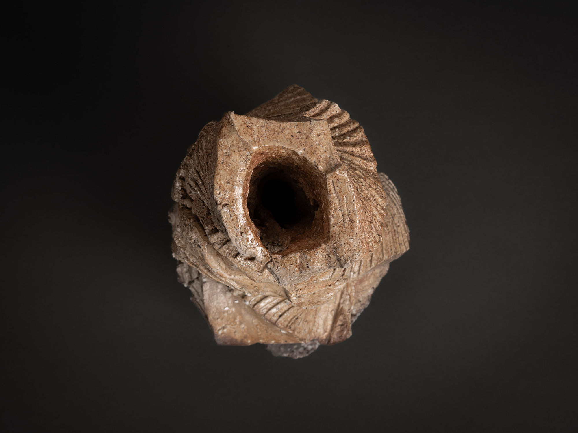 Aerial view of a natural ash sculptural ceramic by Shōzō Michikawa, showing an irregular, off-center...