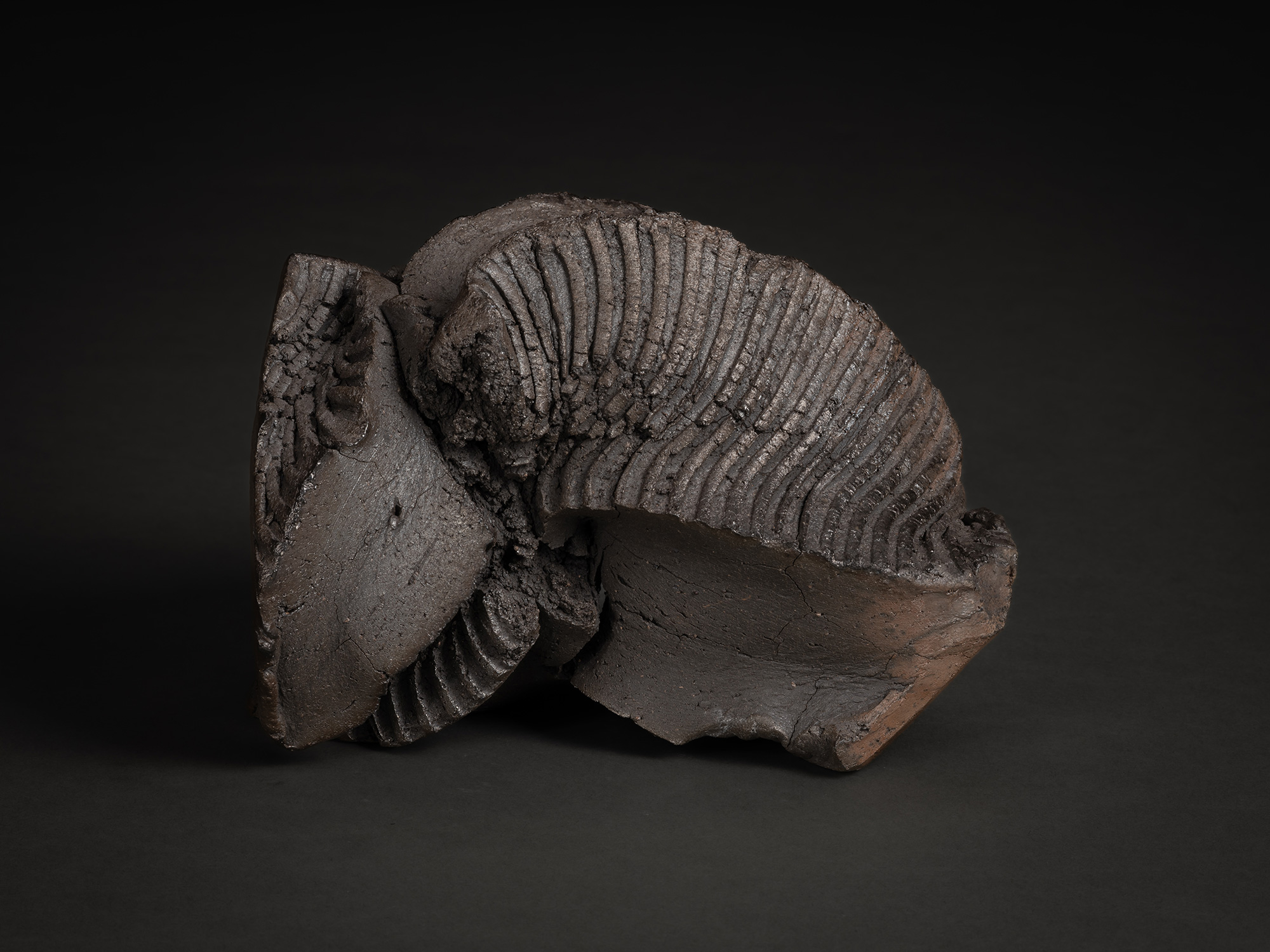 A horizontal view of a rugged sculptural form by Shozo Michikawa. The piece is characterized by...