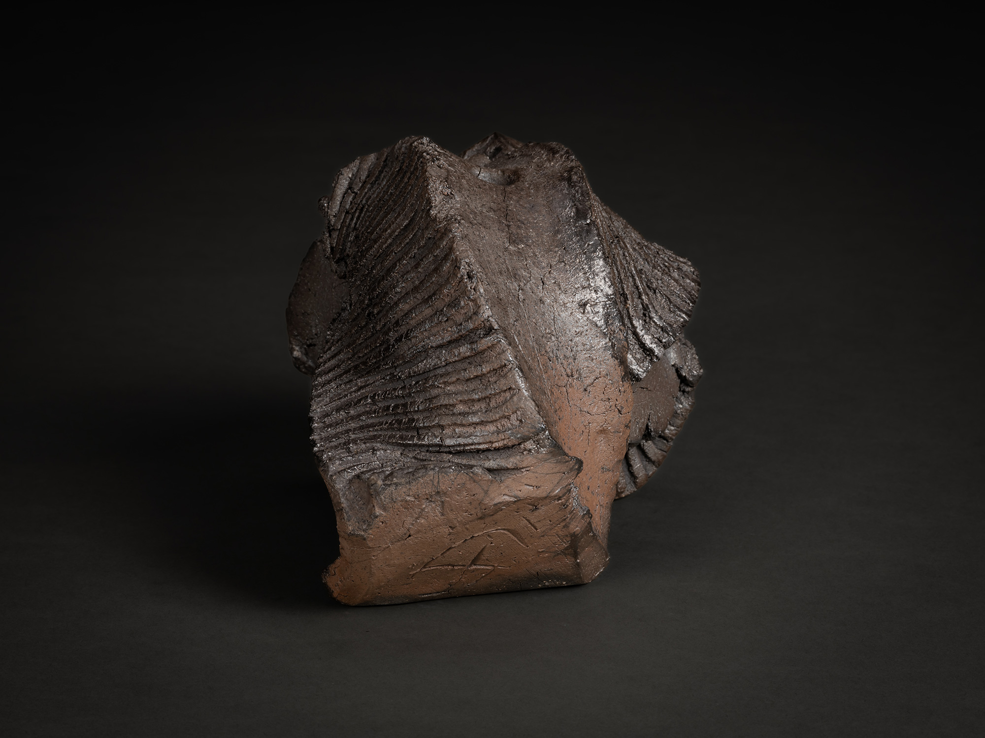 A horizontal view of a rugged sculptural form by Shozo Michikawa. The piece is characterized by...