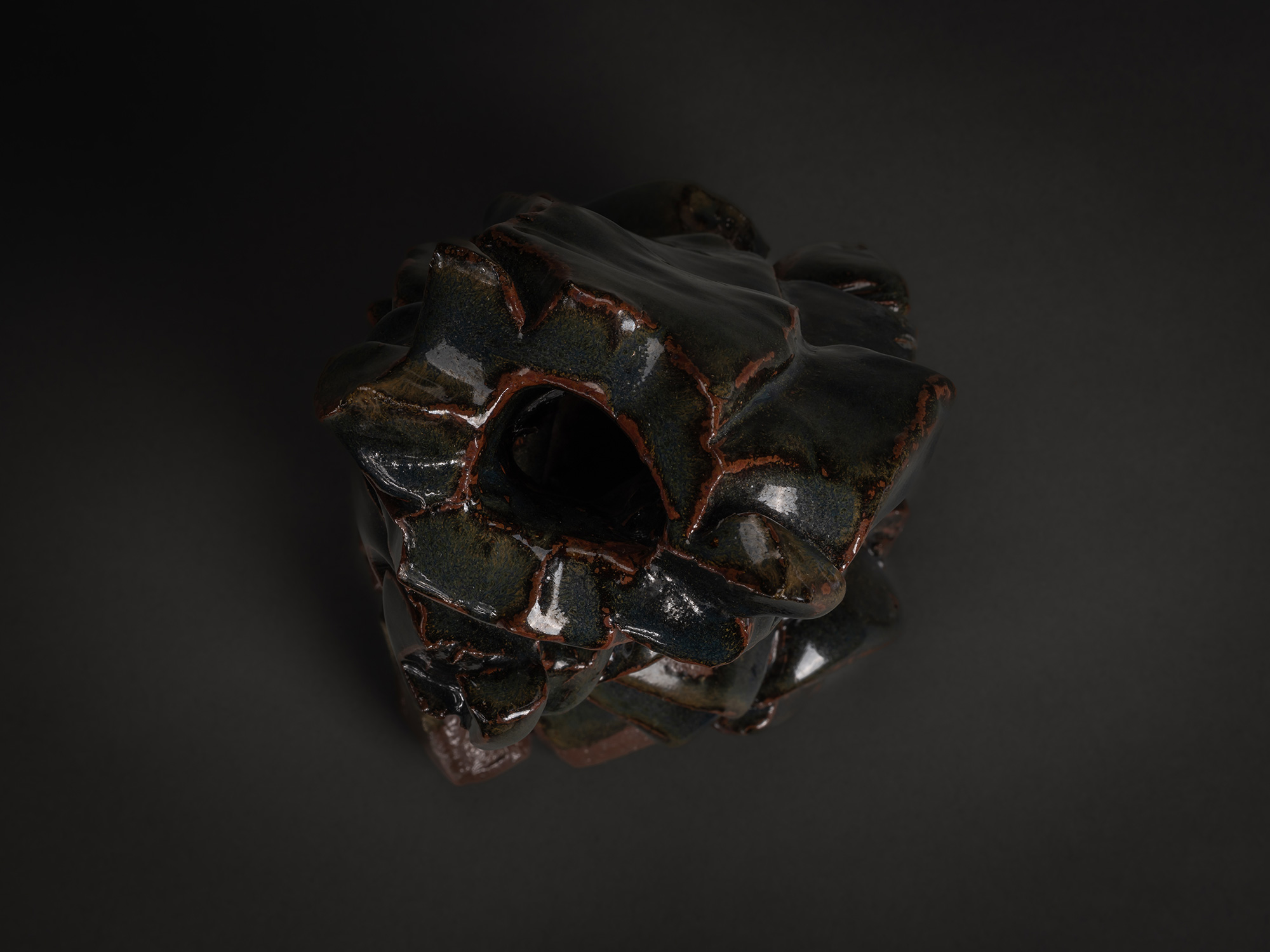 A top-down aerial view of Shozo Michikawa's Seto Black Glaze with Natural Ash Sculptural Form....