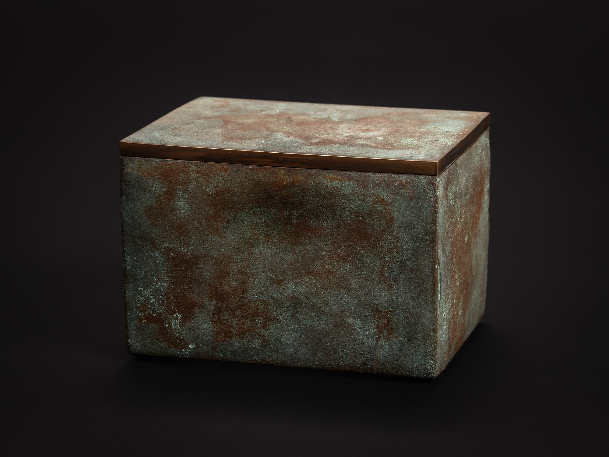 Three-quarter view of a square bronze box with a fitted lid. The exterior surface exhibits a richly...