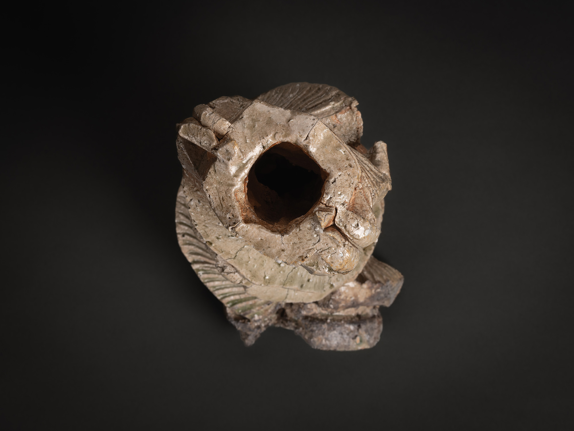 Aerial view of a natural ash sculptural form by Shōzō Michikawa featuring a circular opening at...