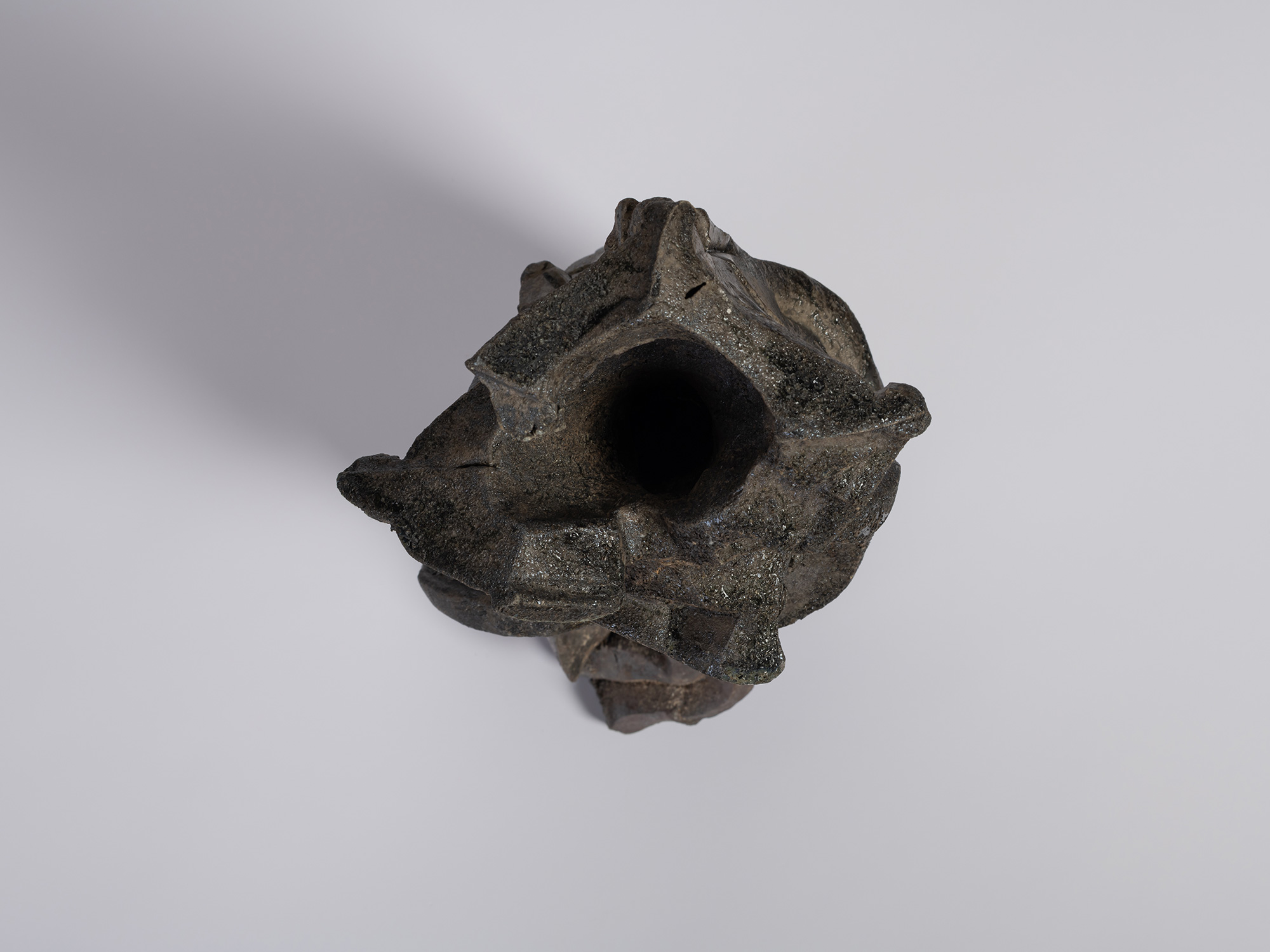 An overhead aerial shot looking directly down into Shozo Michikawa's Volcano ceramic sculpture...