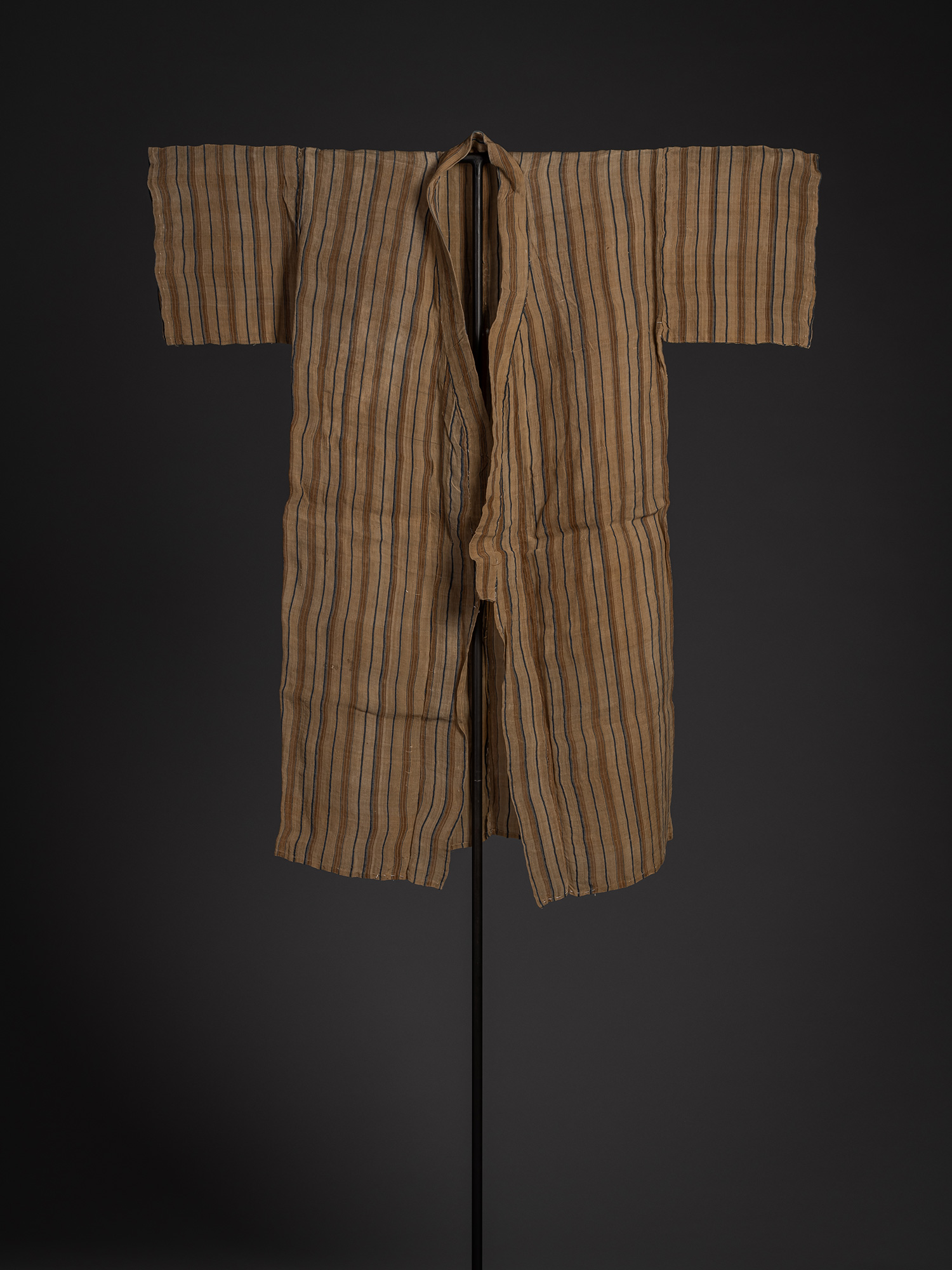 Front view of a Japanese bashōfu kimono woven from banana fiber with alternating vertical stripes...