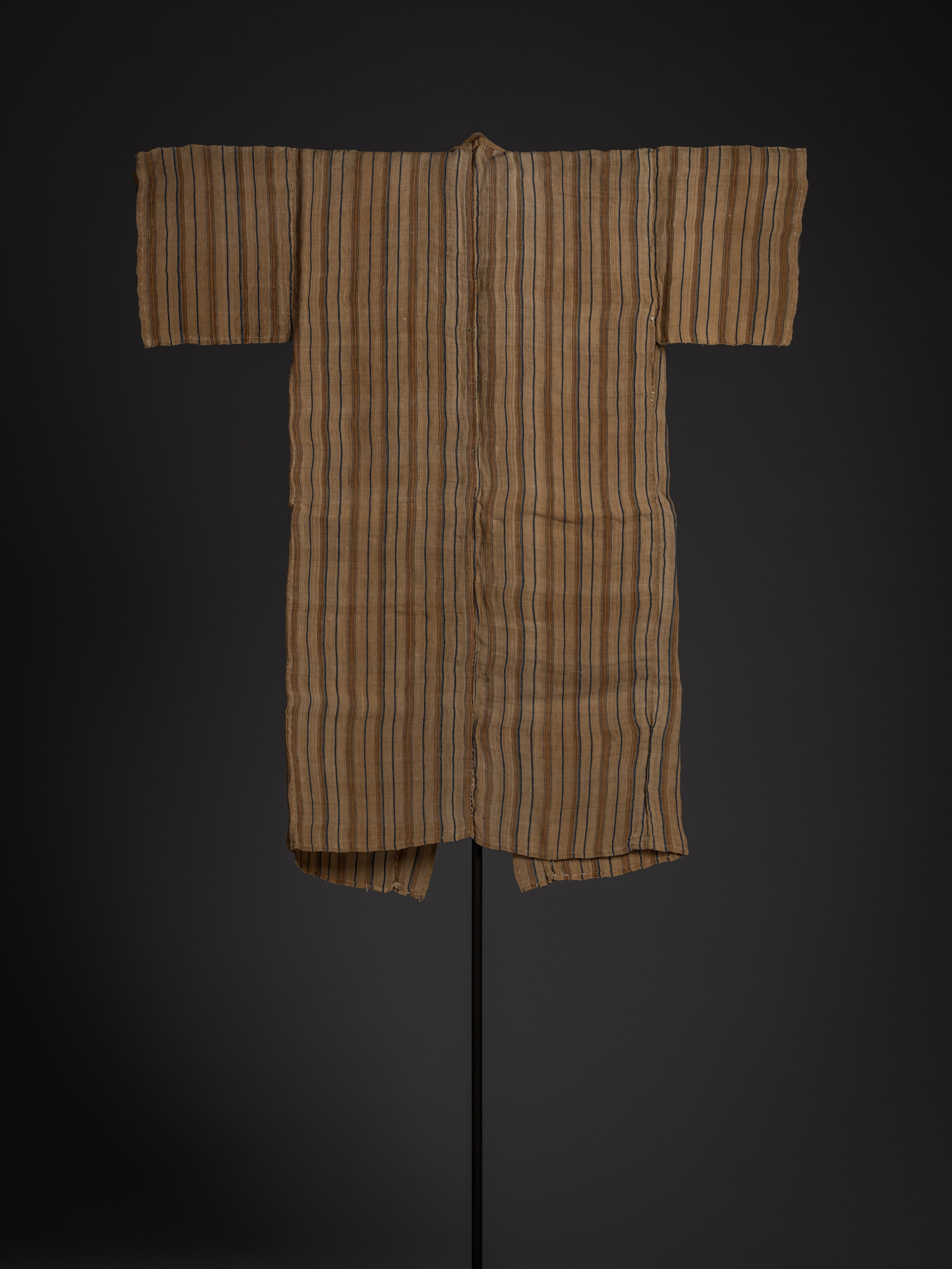 Back view of a Japanese bashōfu kimono woven from banana fiber, featuring alternating vertical...