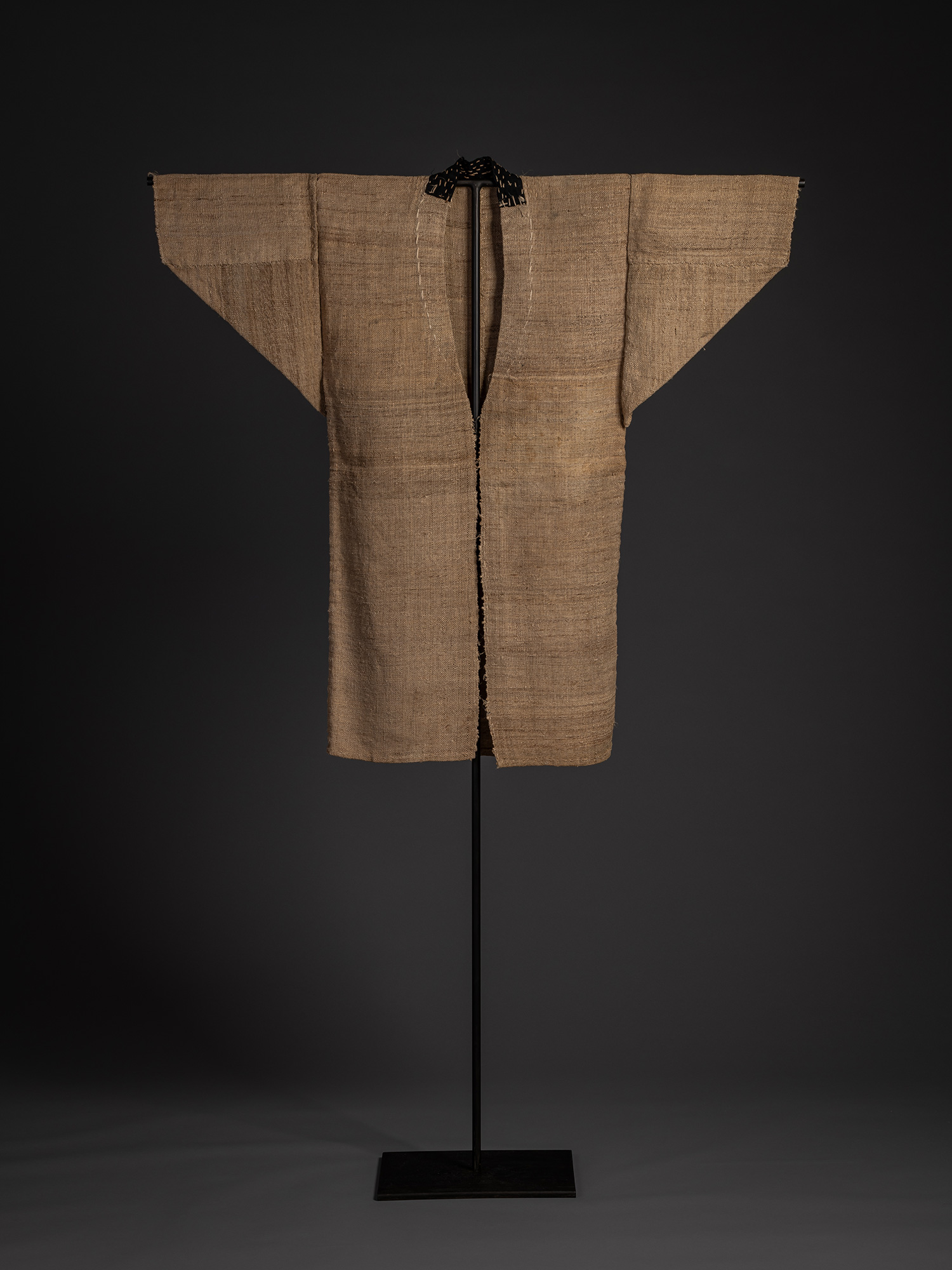 Full front view of the Japanese fujifu robe displayed on a stand. The robe features wide sleeves...