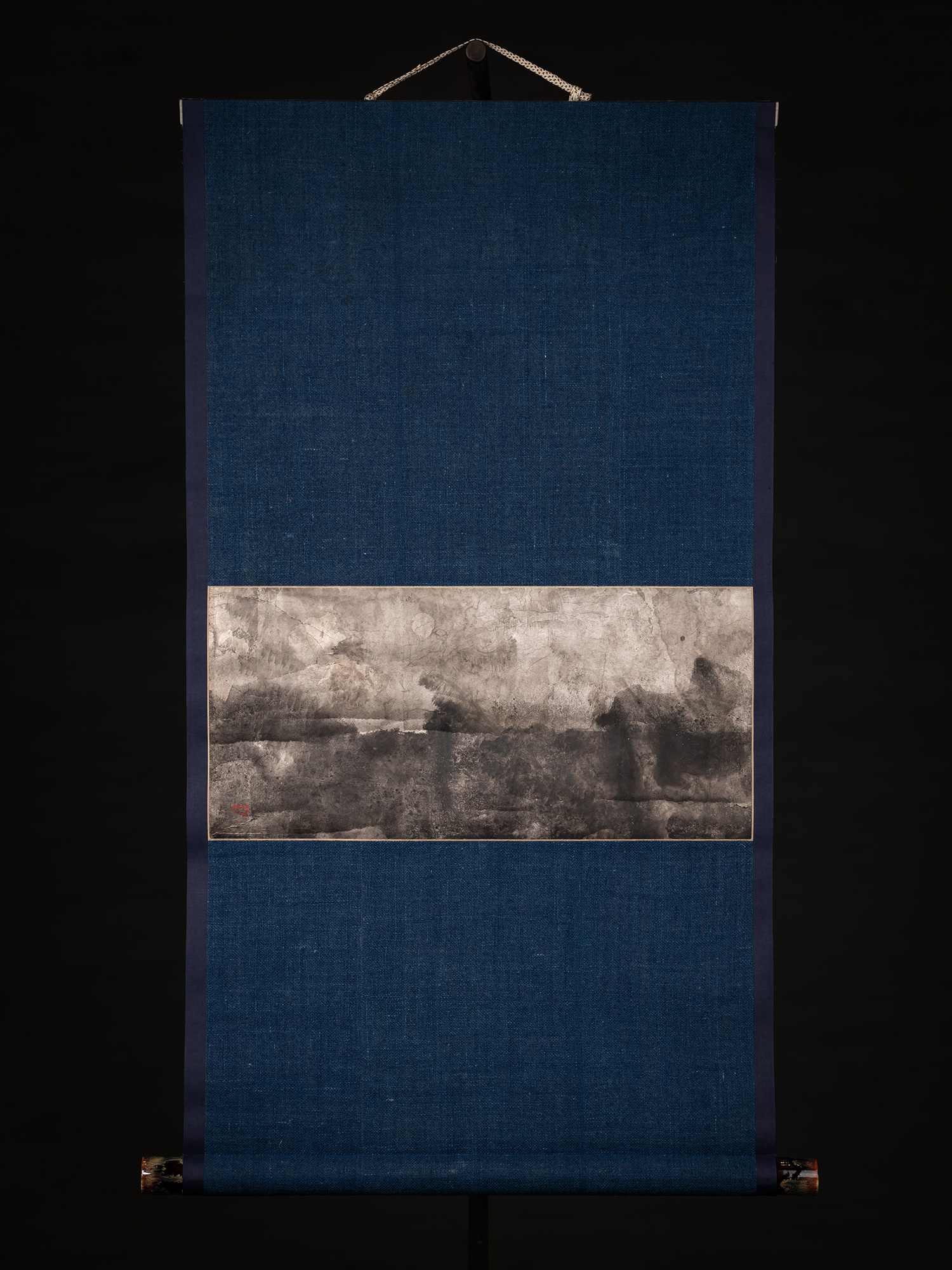 Hanging scroll by Shiro Tsujimura titled Full Moon. A horizontal band of layered gray and black...