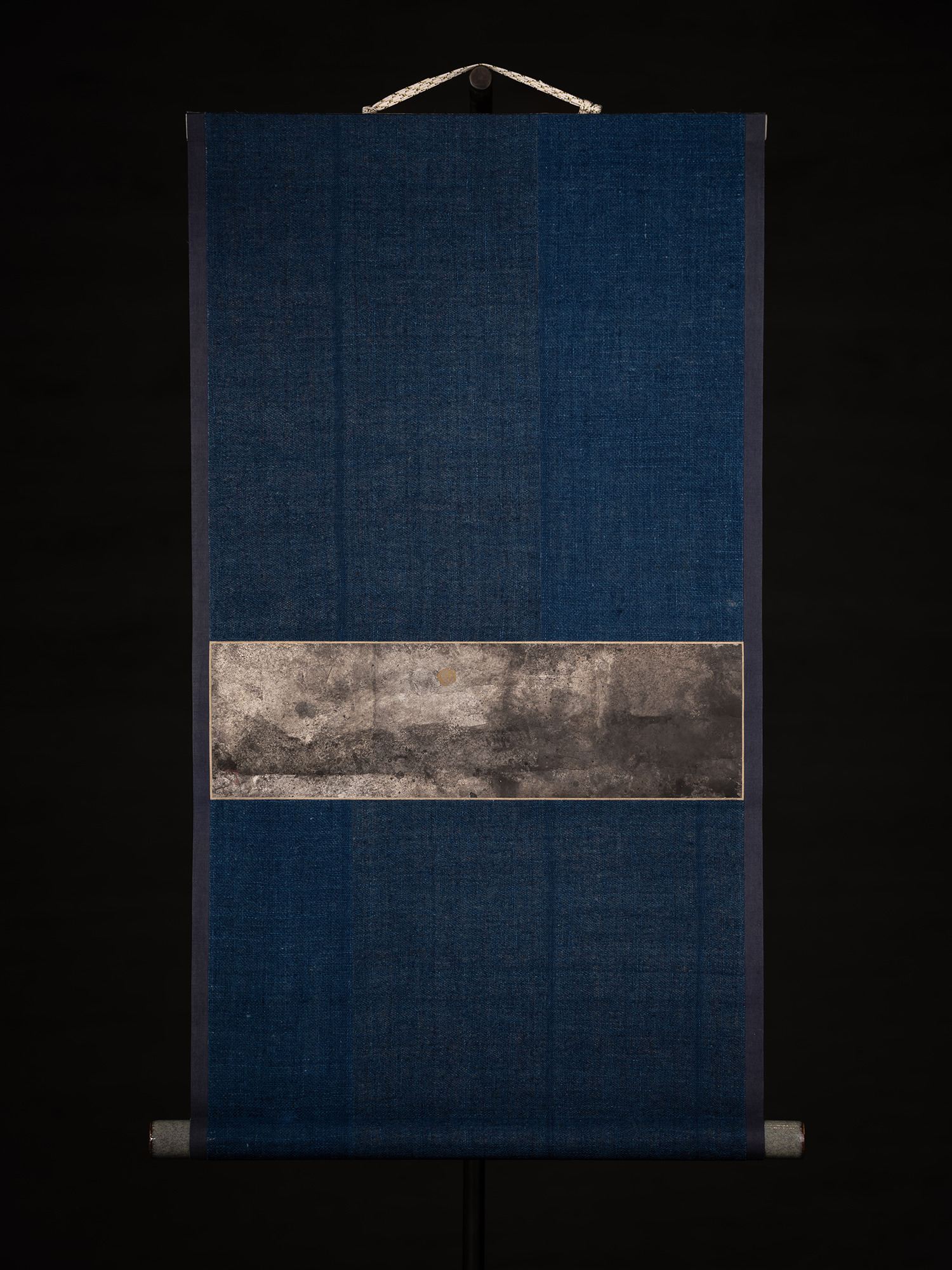 Hanging scroll by Shiro Tsujimura titled Full Moon. A broad horizontal band of silver-gray pigment...
