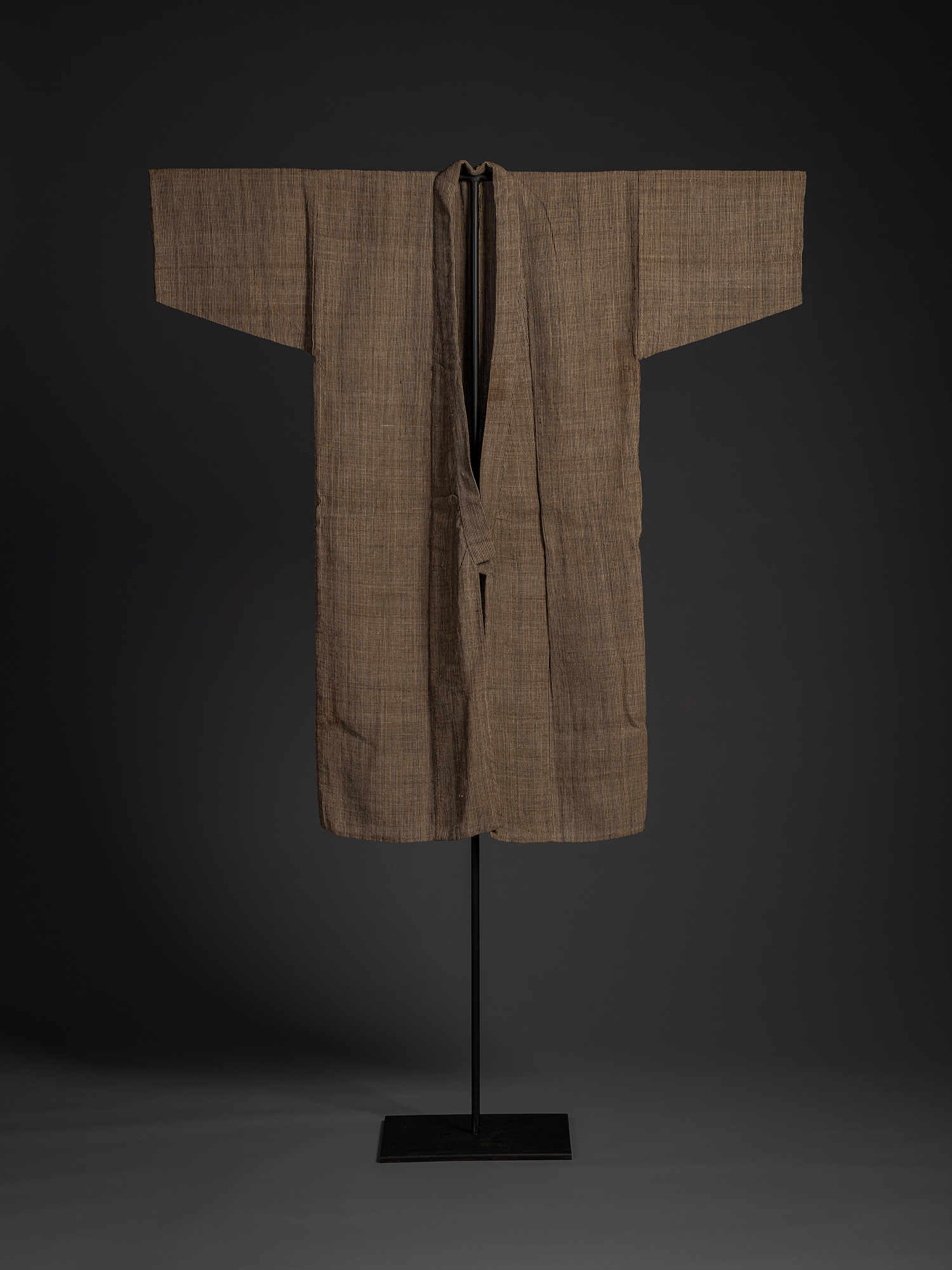 Full front view of a Tsushima katabira kimono displayed on a stand. The lightweight garment has...