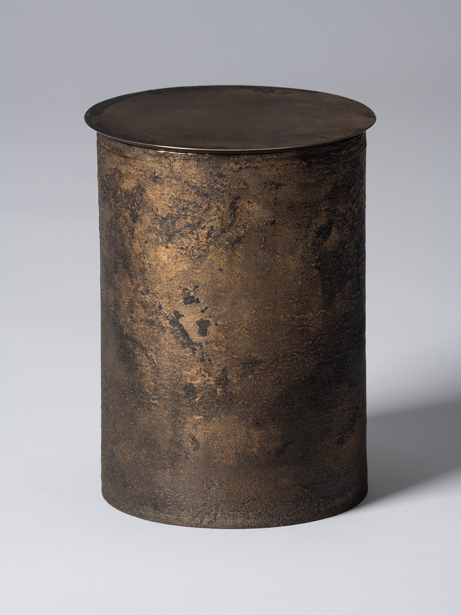View of Koji Hatakeyama’s bronze as Bronze II No. 22, a cylindrical bronze vessel with a flat circular...