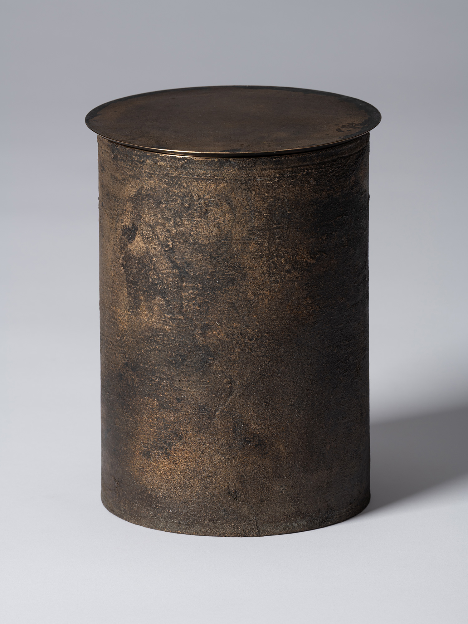 View of Koji Hatakeyama’s bronze as Bronze II No. 22, a cylindrical bronze vessel with a flat circular...