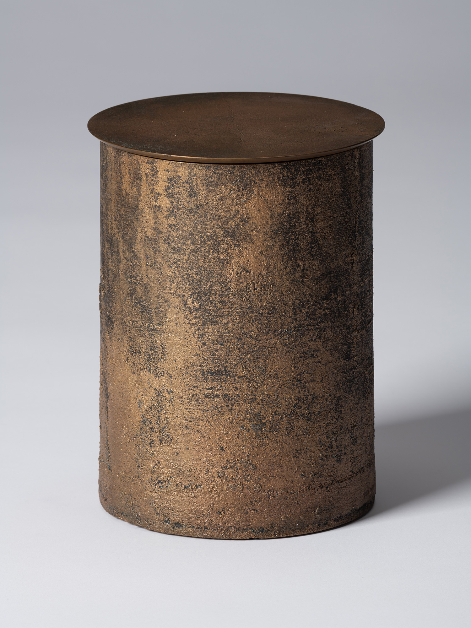 View of Koji Hatakeyama’s bronze as Bronze II No. 23, a cylindrical bronze vessel with a flat circular...